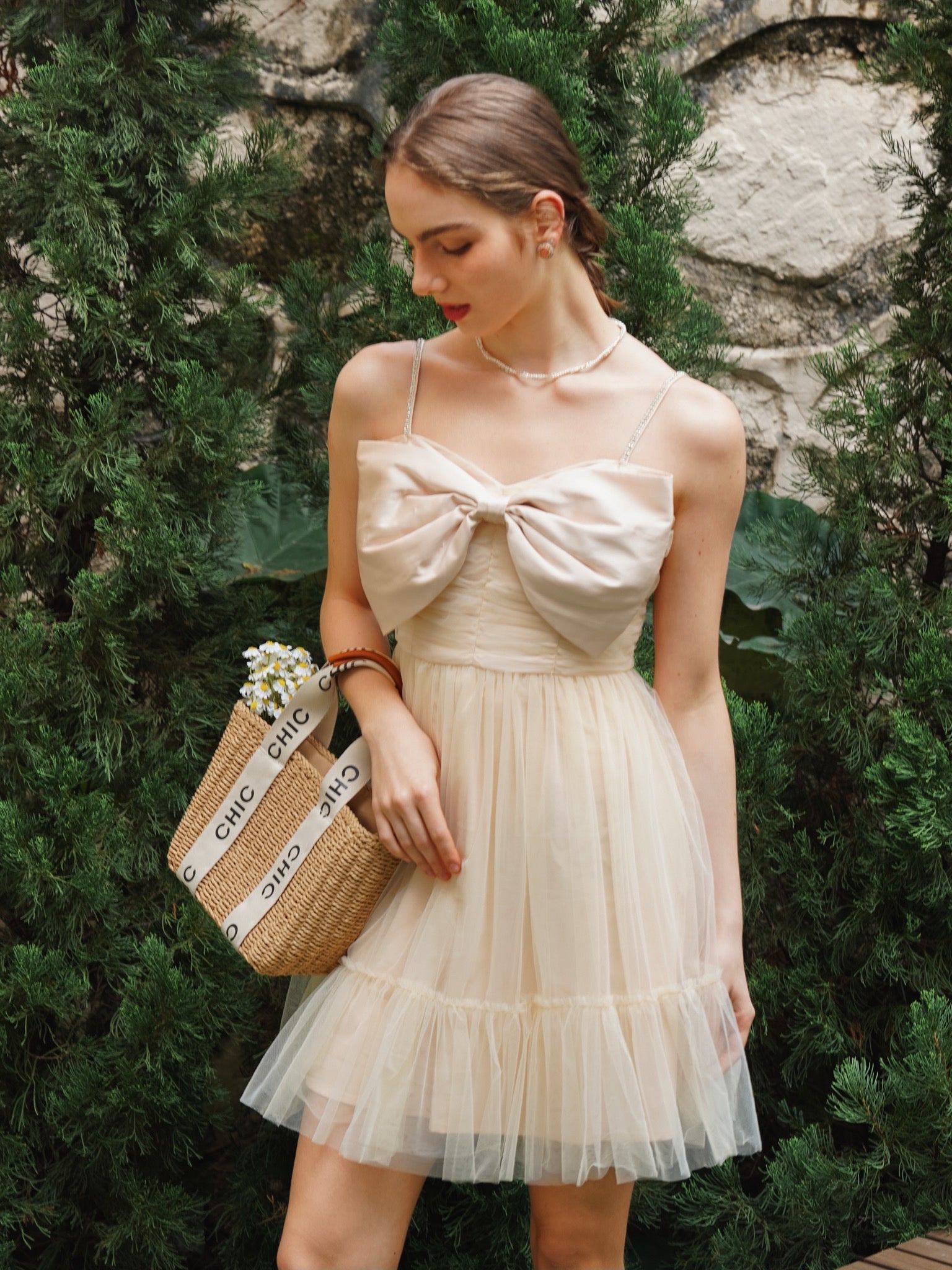 RP2250 - Champagne Tulle Cocktail Dress with Bow Accent and Sheer Overlay (2S-2M-2L)