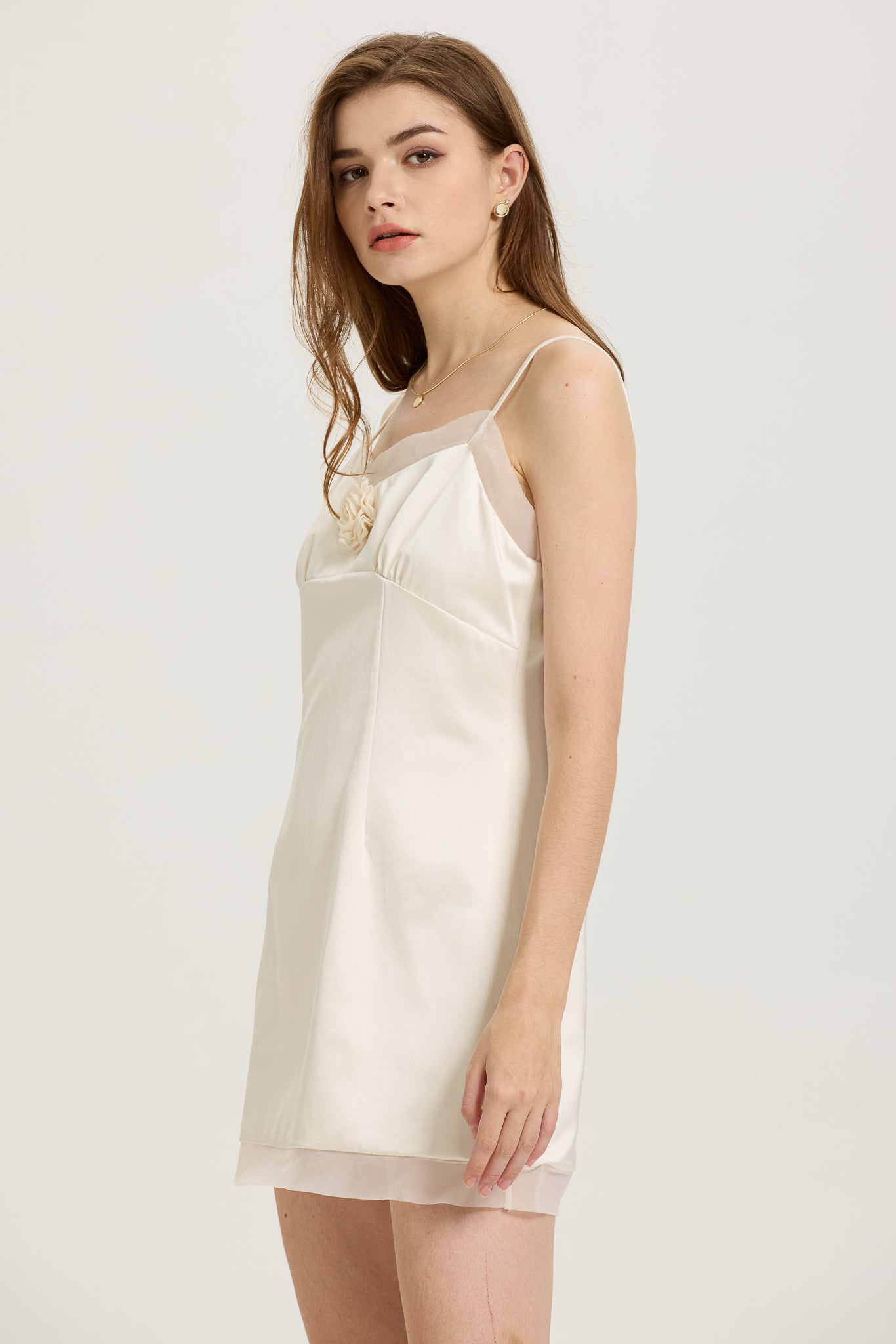 RP2598 - Sheer Trim Satin Mini Dress with Rose Embellishment (2S-2M-2L)