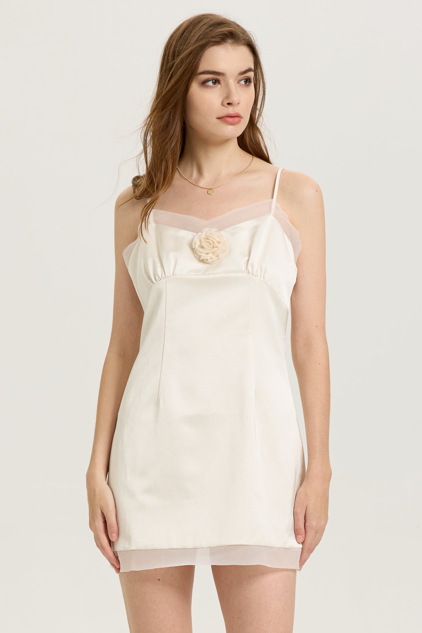 RP2598 - Sheer Trim Satin Mini Dress with Rose Embellishment (2S-2M-2L)