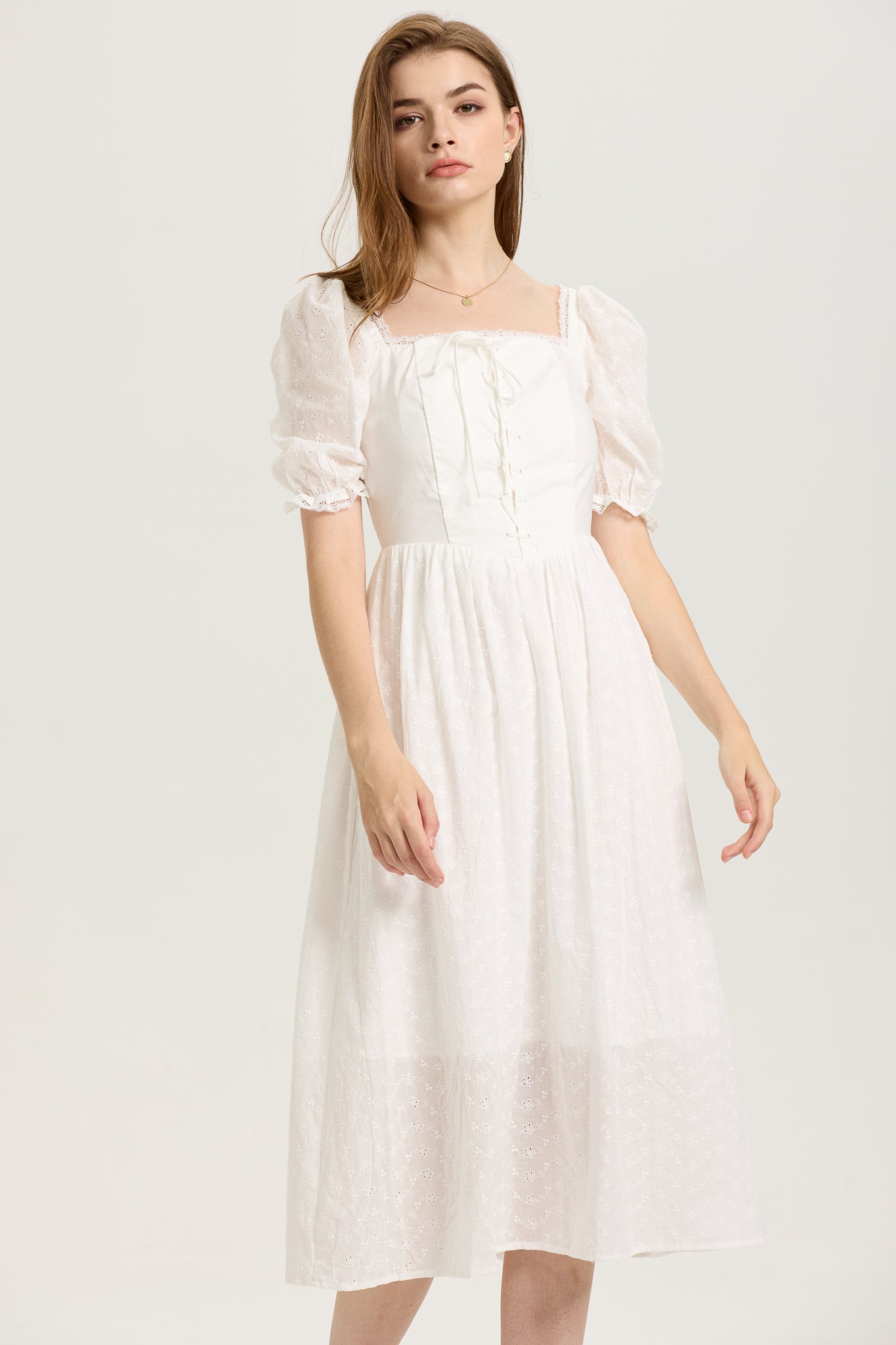 RP2602 - White Puff-Sleeve Embroidered Midi Dress with Corset Bodice (2S-2M-2L)
