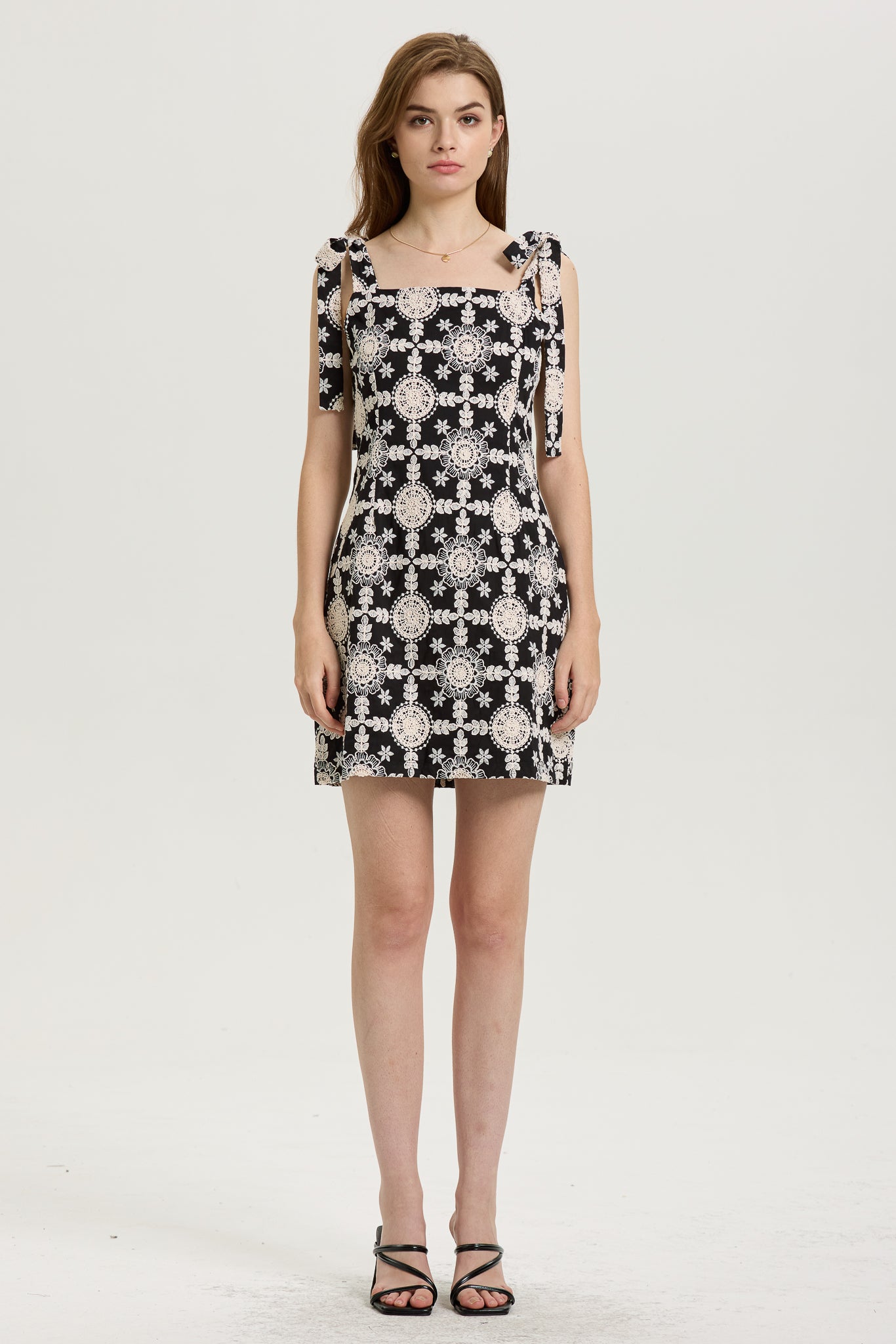 RP2592 - Lace Overlay Black Mini Dress with Bow-Tie Straps (2S-2M-2L)