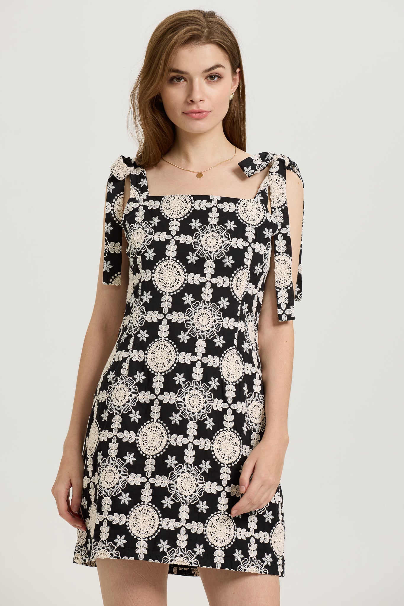 RP2592 - Lace Overlay Black Mini Dress with Bow-Tie Straps (2S-2M-2L)