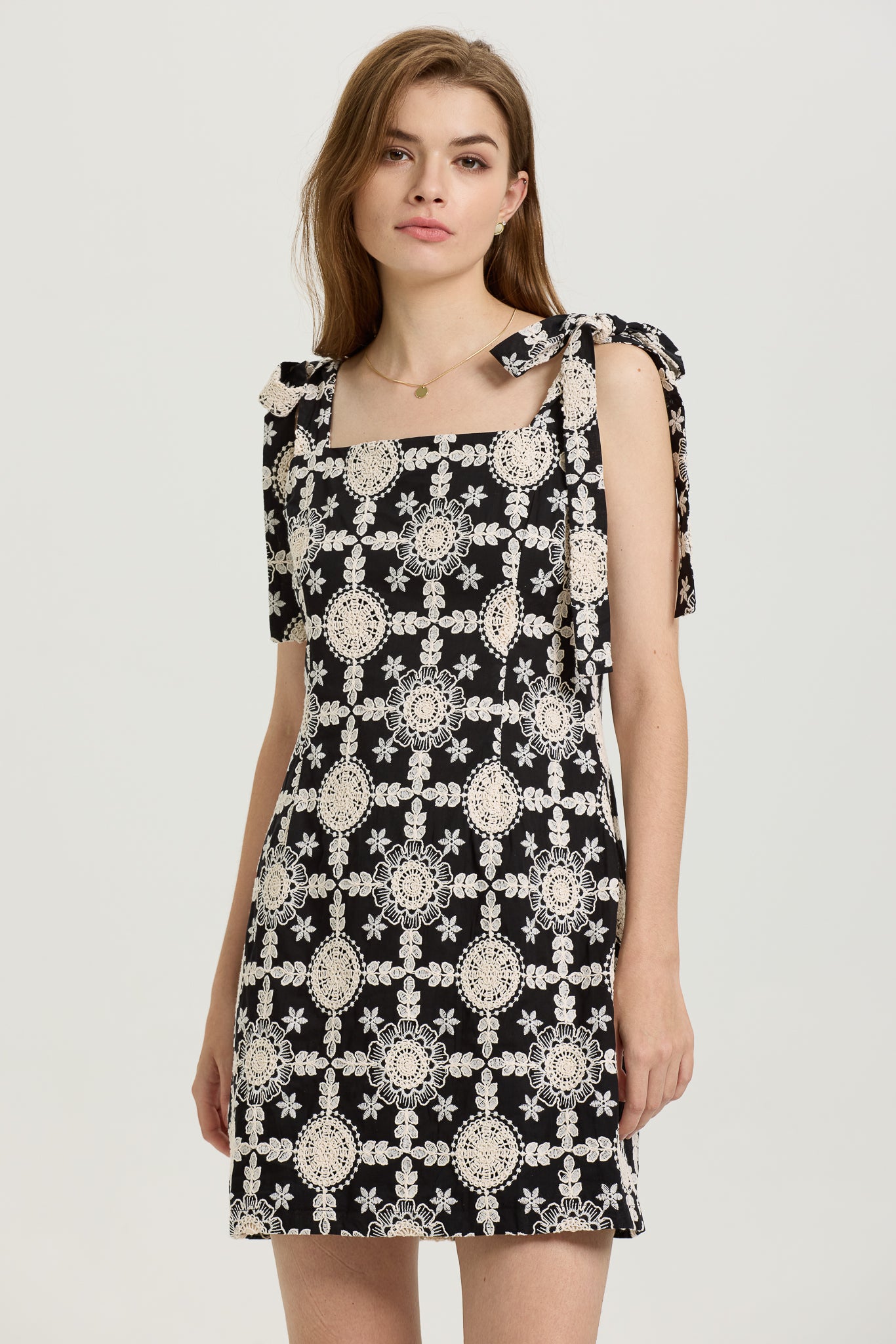 RP2592 - Lace Overlay Black Mini Dress with Bow-Tie Straps (2S-2M-2L)