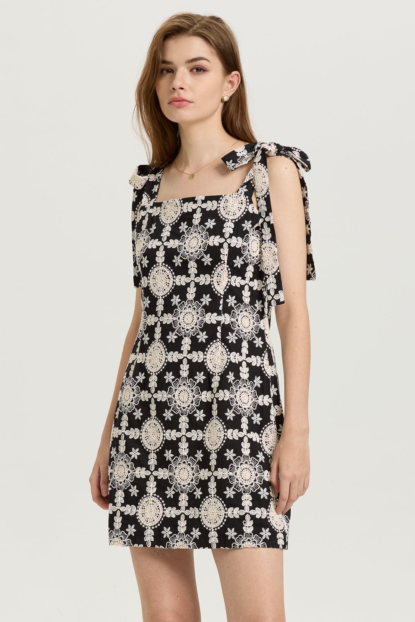 RP2592 - Lace Overlay Black Mini Dress with Bow-Tie Straps (2S-2M-2L)