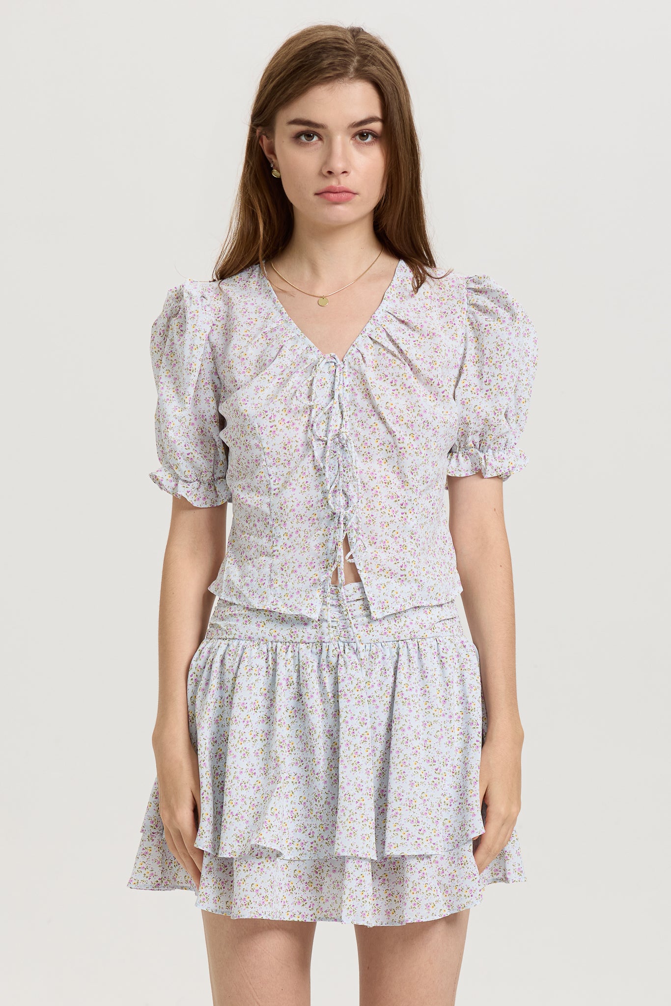 RP2655 - Floral Puff Sleeve Crop Top and Layered Skirt Set (2S-2M-2L)