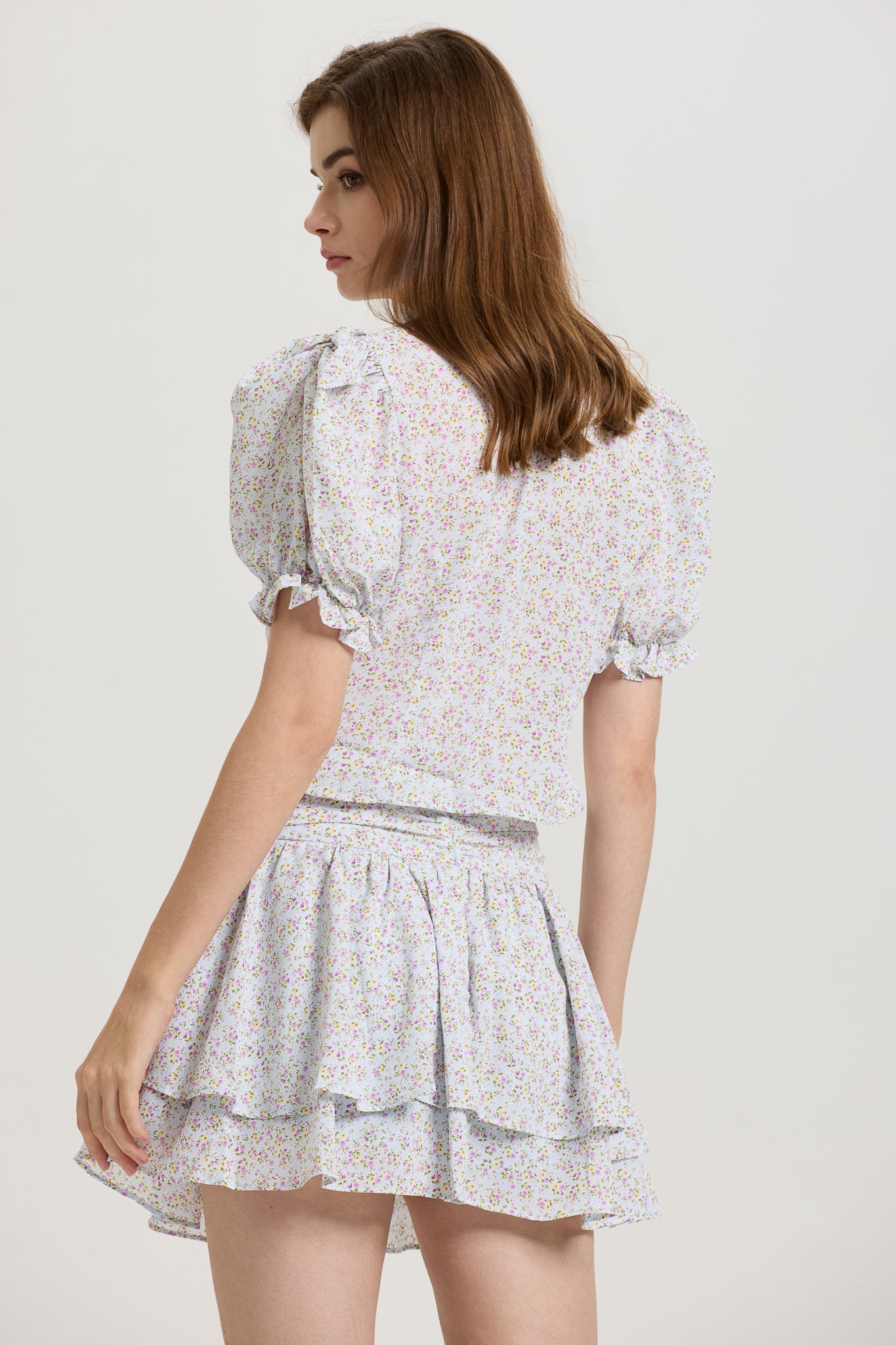 RP2655 - Floral Puff Sleeve Crop Top and Layered Skirt Set (2S-2M-2L)