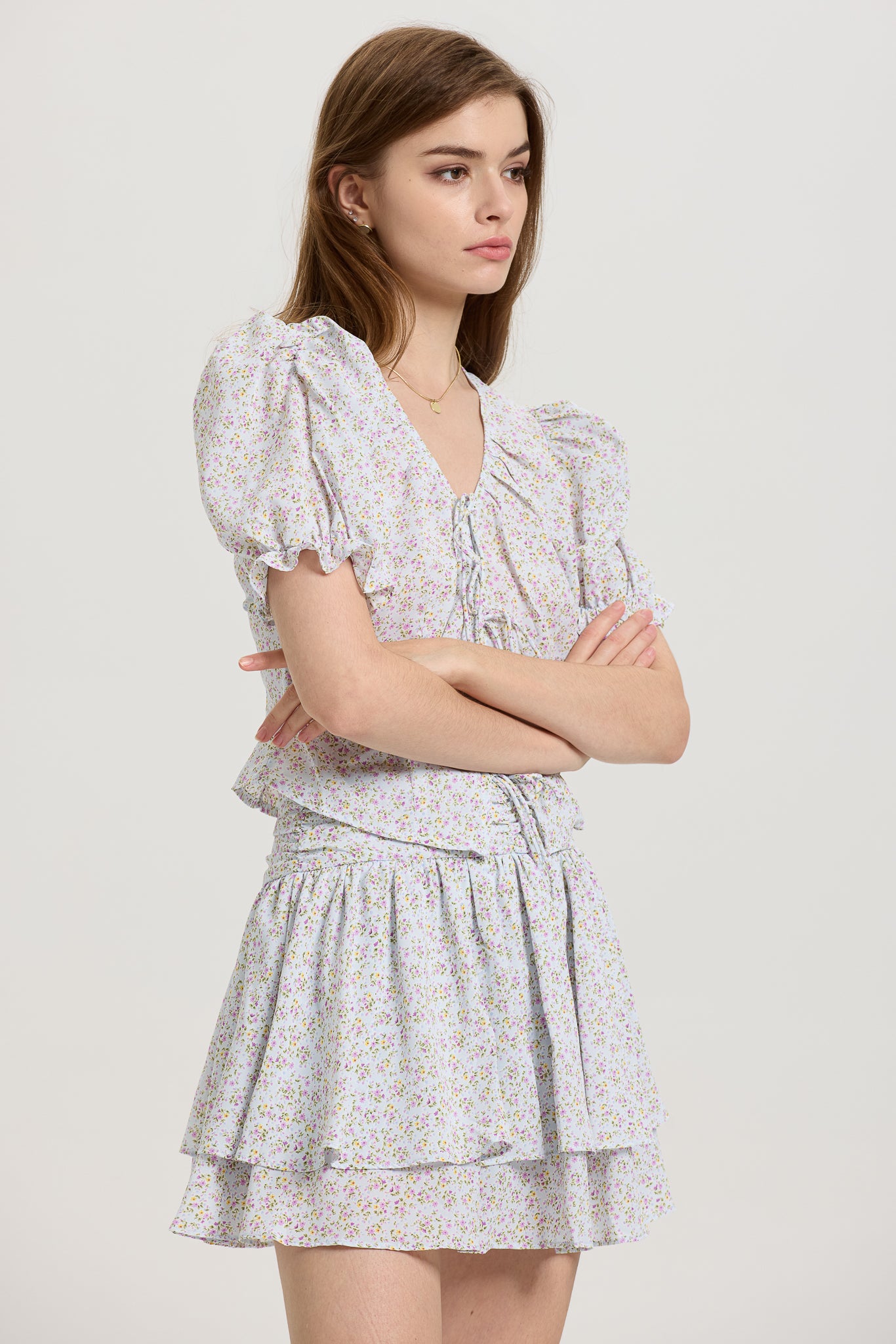 RP2655 - Floral Puff Sleeve Crop Top and Layered Skirt Set (2S-2M-2L)