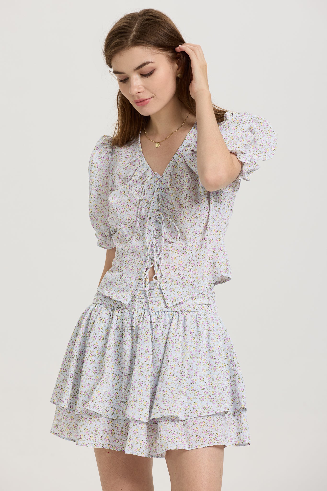 RP2655 - Floral Puff Sleeve Crop Top and Layered Skirt Set (2S-2M-2L)