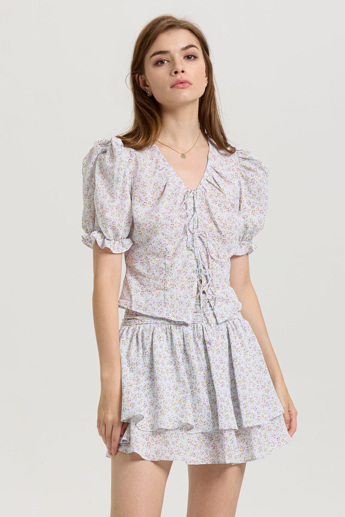 RP2655 - Floral Puff Sleeve Crop Top and Layered Skirt Set (2S-2M-2L)