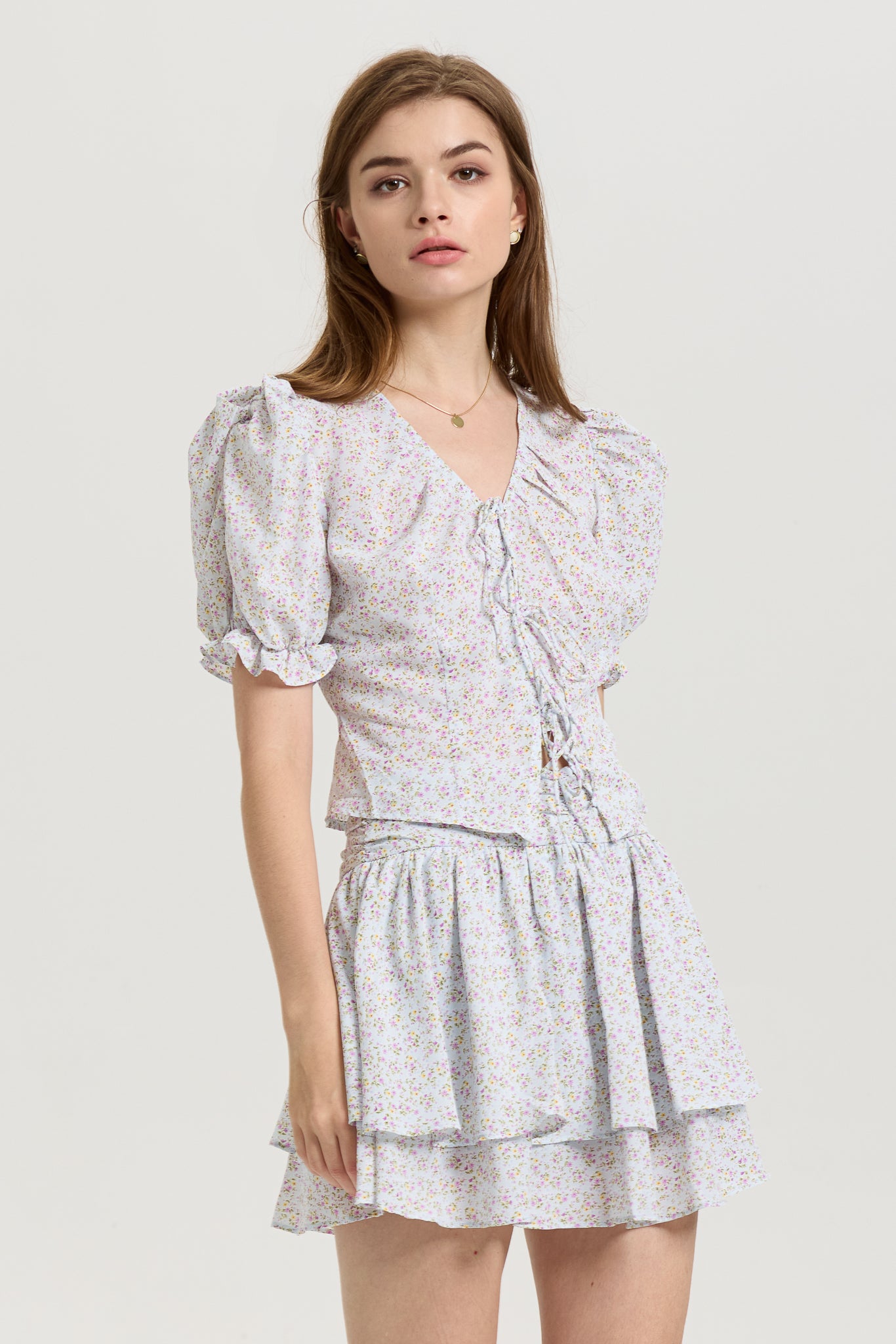 RP2655 - Floral Puff Sleeve Crop Top and Layered Skirt Set (2S-2M-2L)