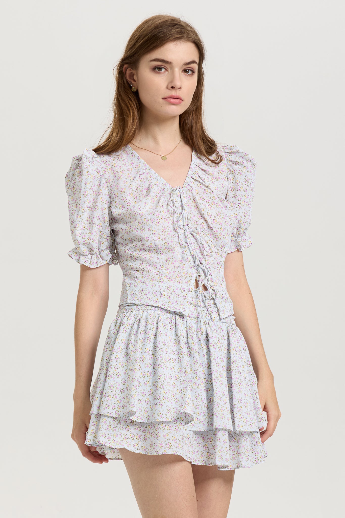 RP2655 - Floral Puff Sleeve Crop Top and Layered Skirt Set (2S-2M-2L)