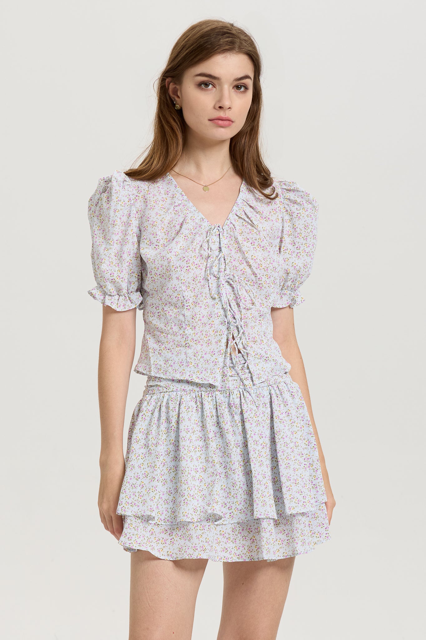 RP2655 - Floral Puff Sleeve Crop Top and Layered Skirt Set (2S-2M-2L)