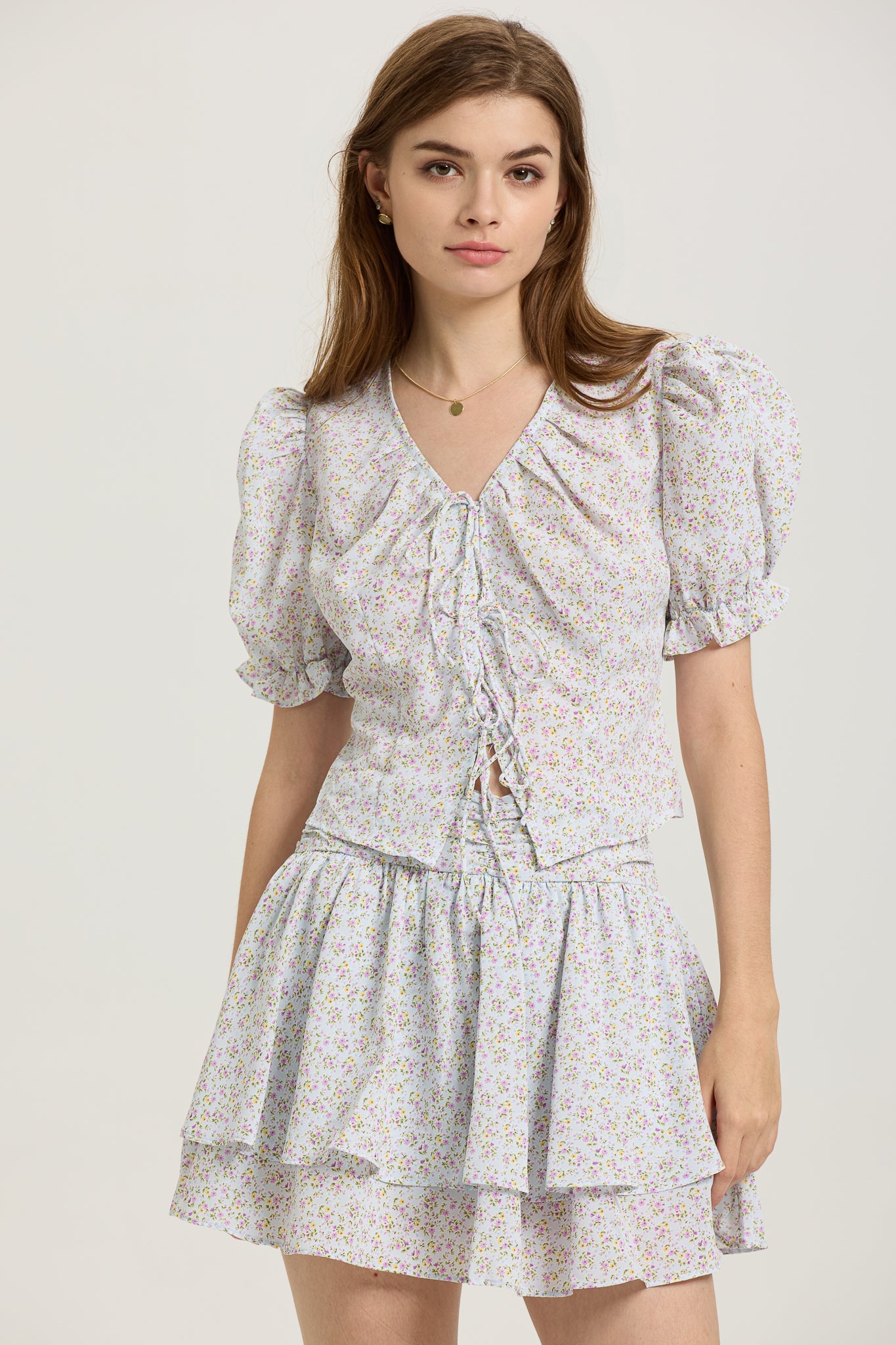 RP2655 - Floral Puff Sleeve Crop Top and Layered Skirt Set (2S-2M-2L)