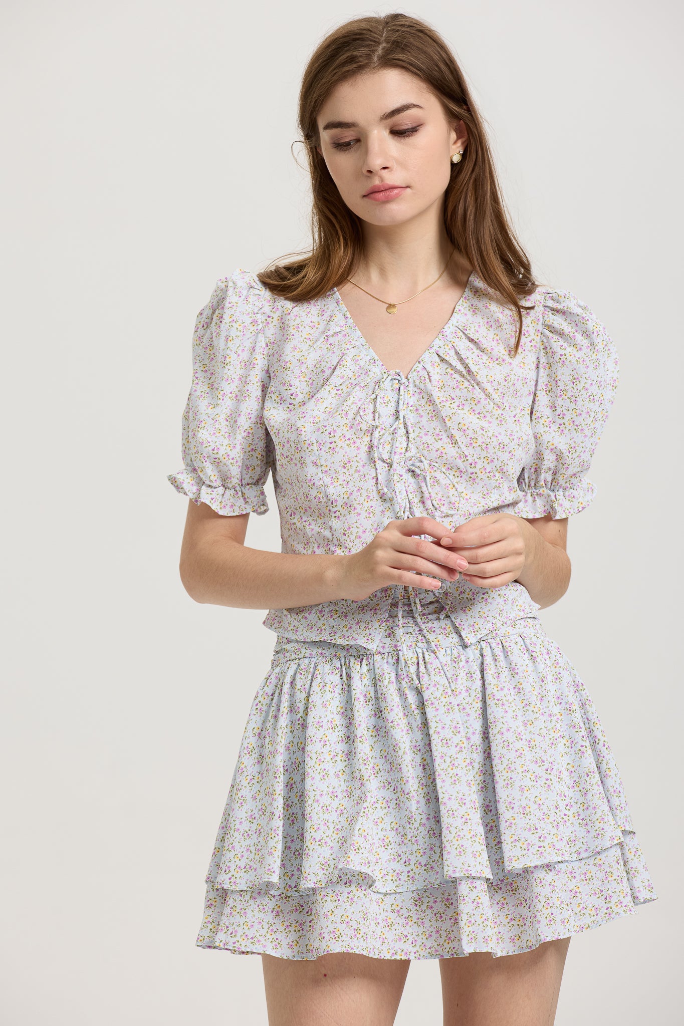 RP2655 - Floral Puff Sleeve Crop Top and Layered Skirt Set (2S-2M-2L)