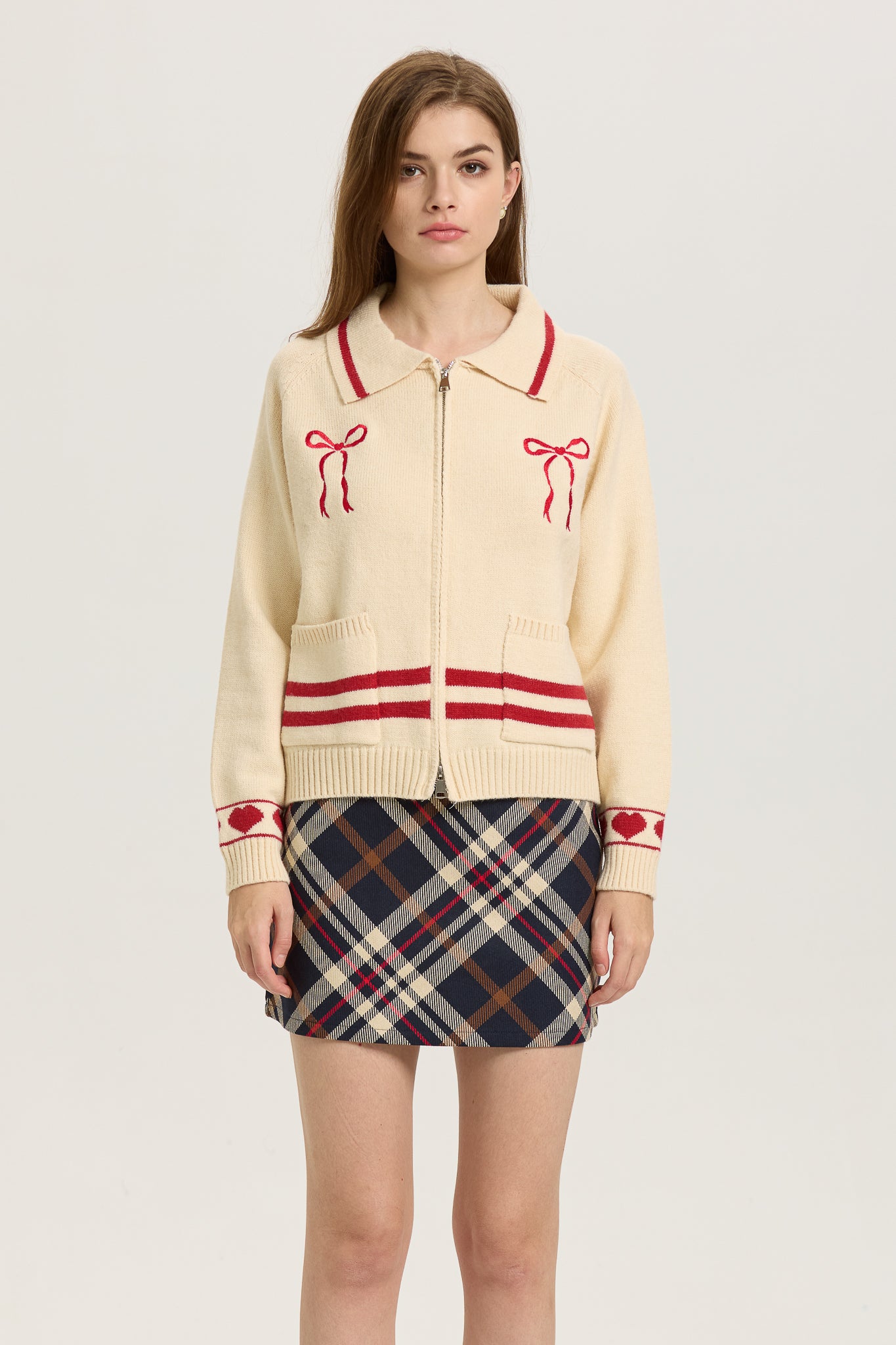 RP2618 - Cream Zip-Up Cardigan with Red Bow Embroidery (2S-2M-2L)