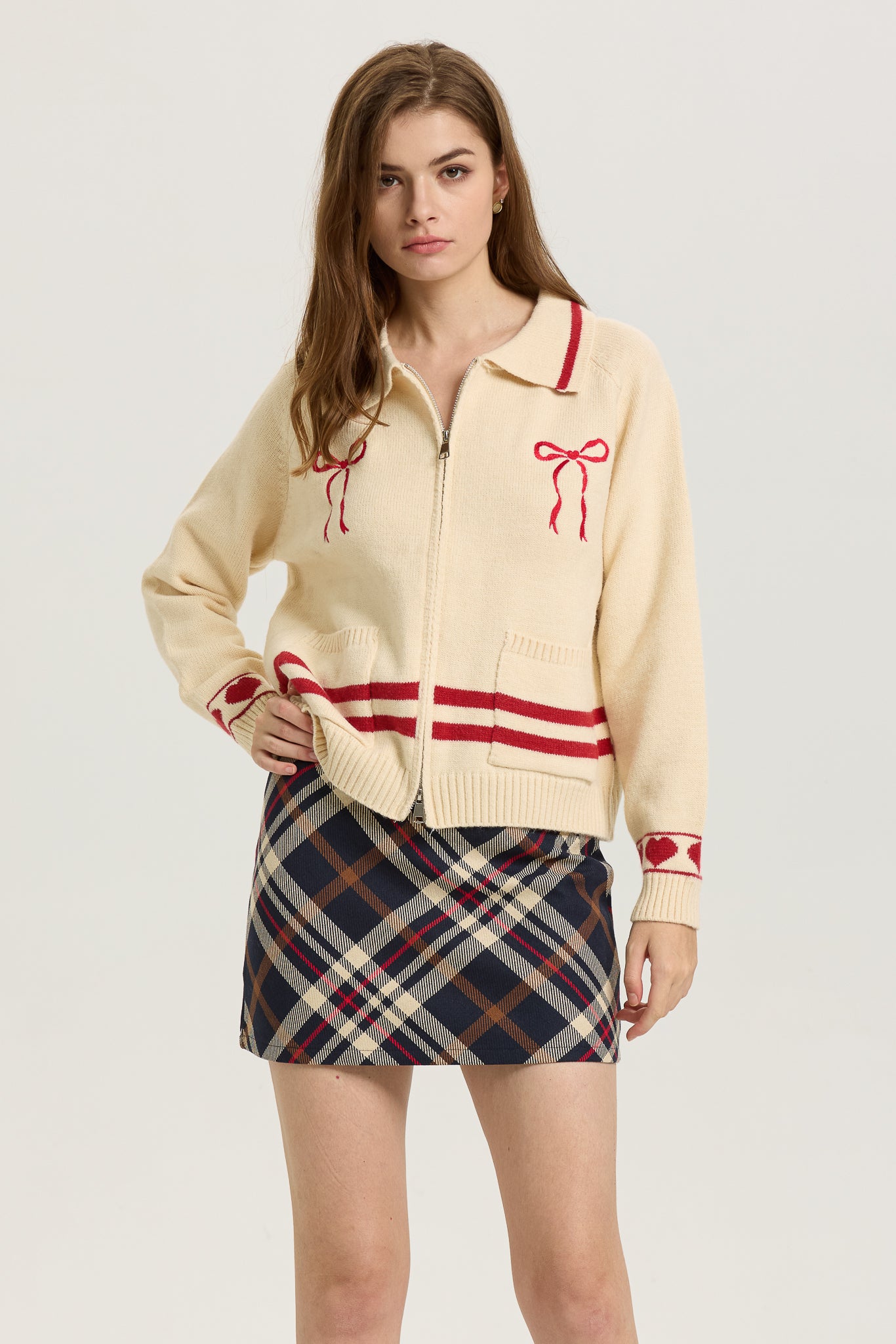 RP2618 - Cream Zip-Up Cardigan with Red Bow Embroidery (2S-2M-2L)