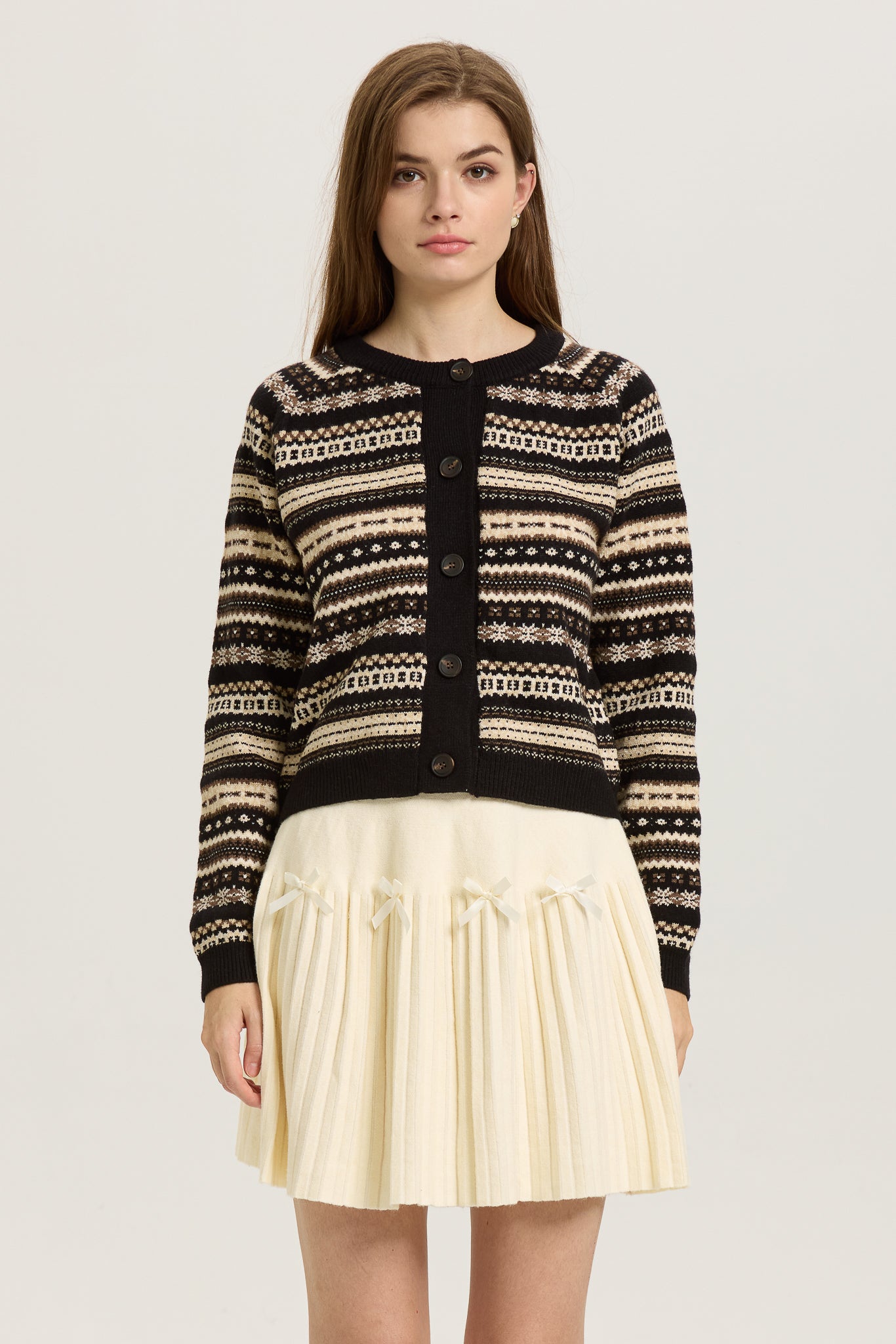 RP2621 - Black and Beige Fair Isle Button-Up Cardigan (2S-2M-2L)