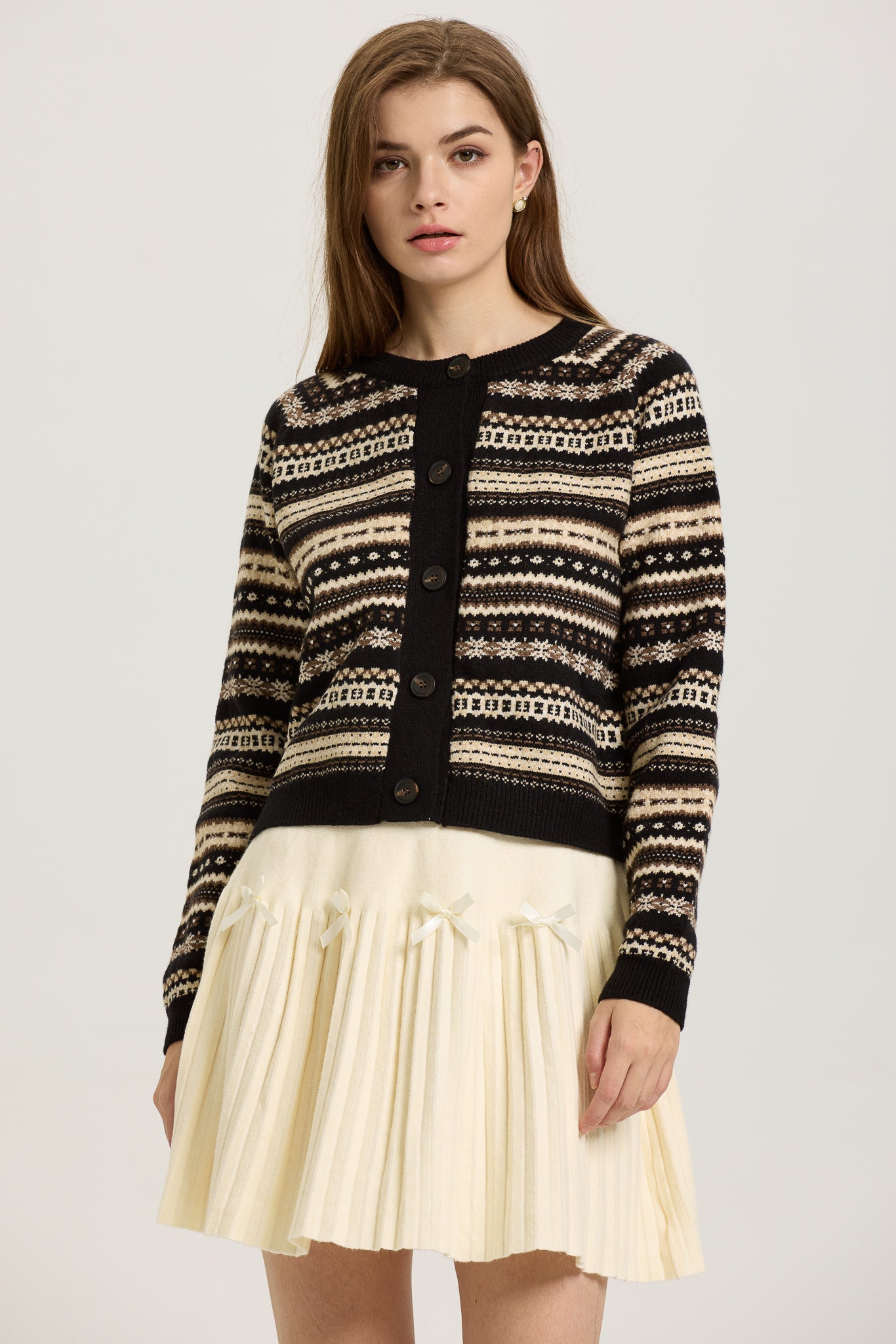RP2621 - Black and Beige Fair Isle Button-Up Cardigan (2S-2M-2L)