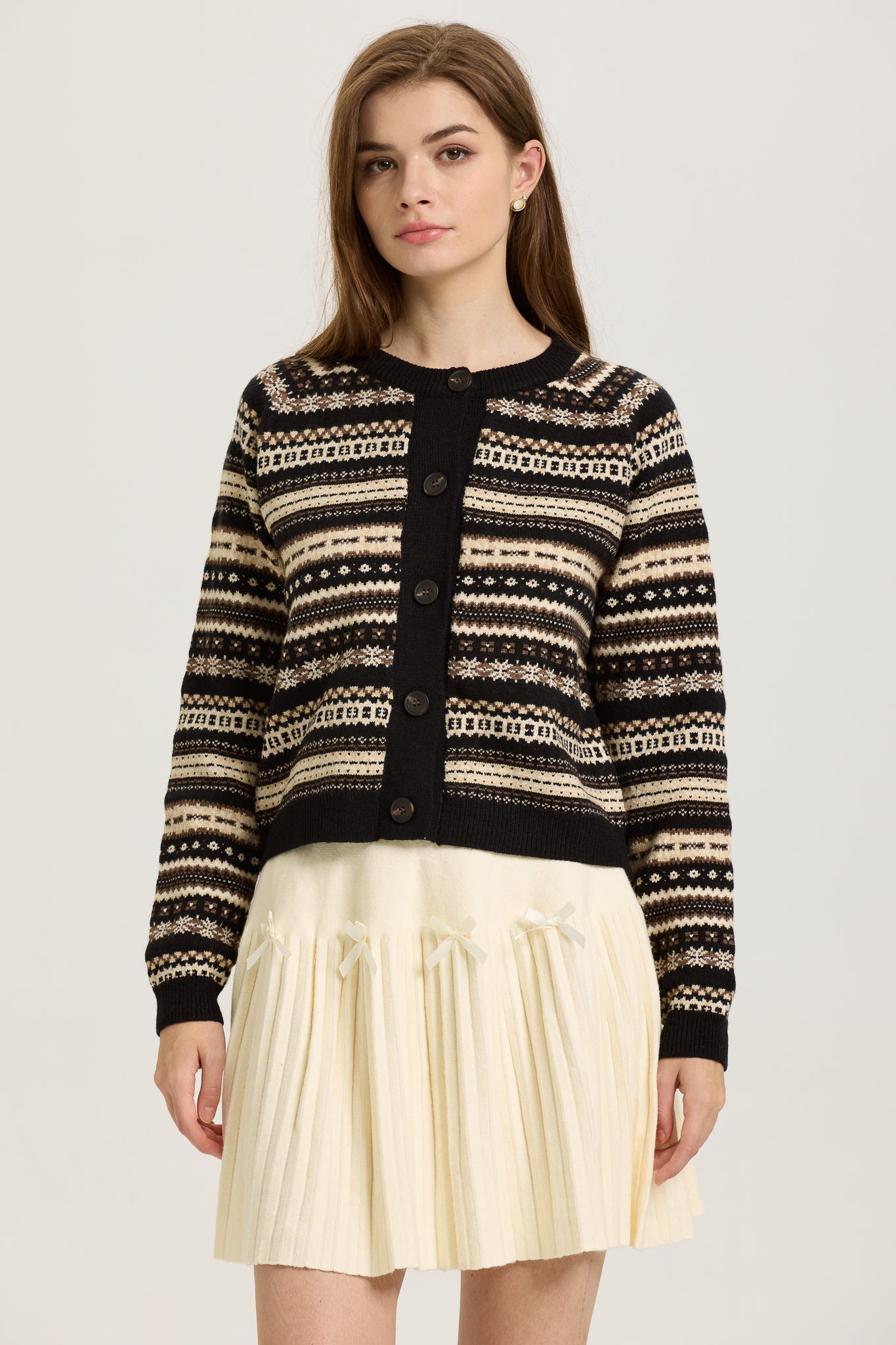 RP2621 - Black and Beige Fair Isle Button-Up Cardigan (2S-2M-2L)