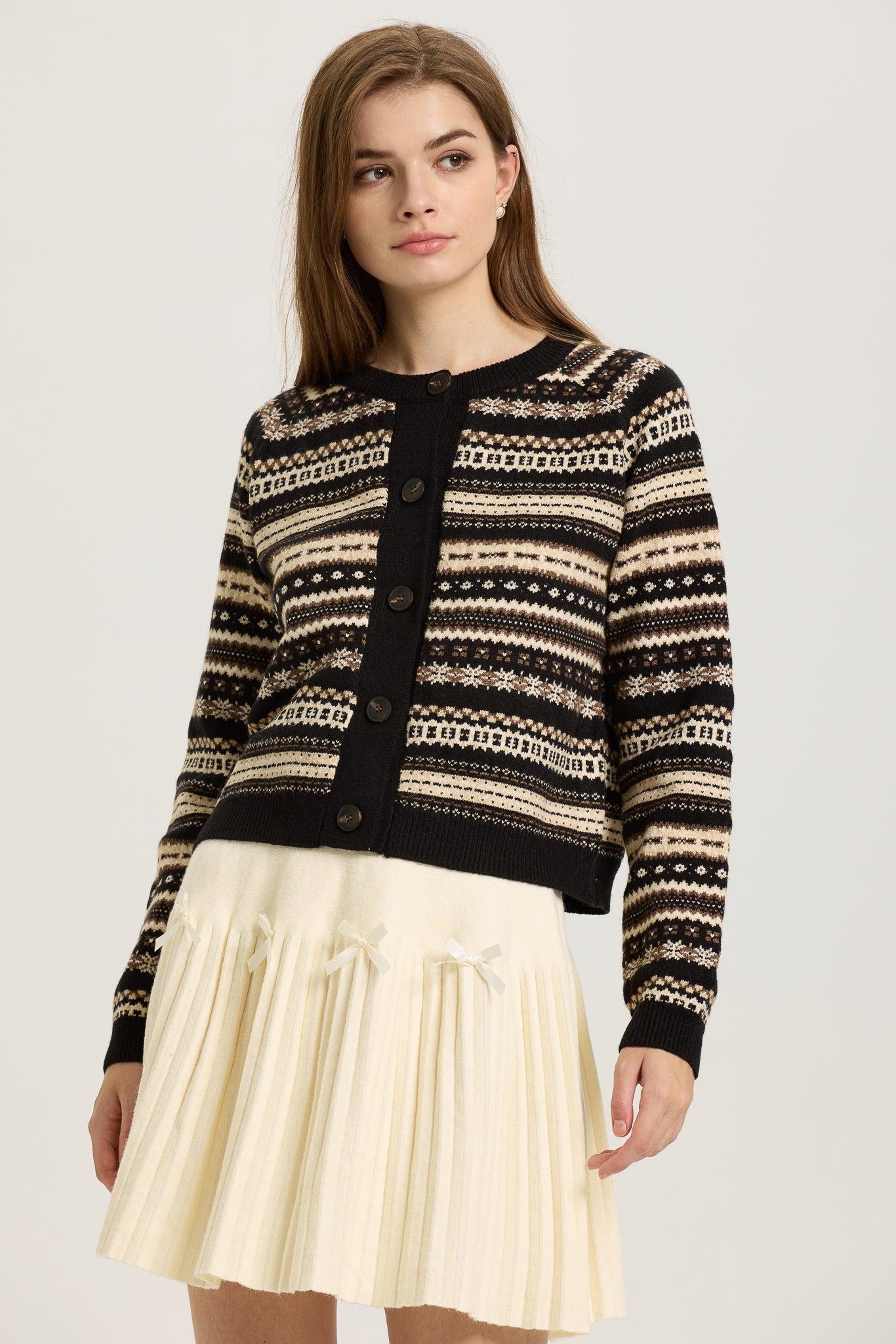RP2621 - Black and Beige Fair Isle Button-Up Cardigan (2S-2M-2L)