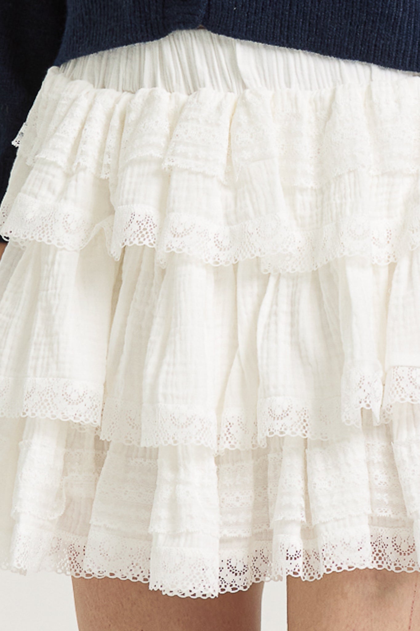 RP2658 - White Tiered Mini Skirt with Lace Trim and Ruffle Layers (2S-2M-2L)