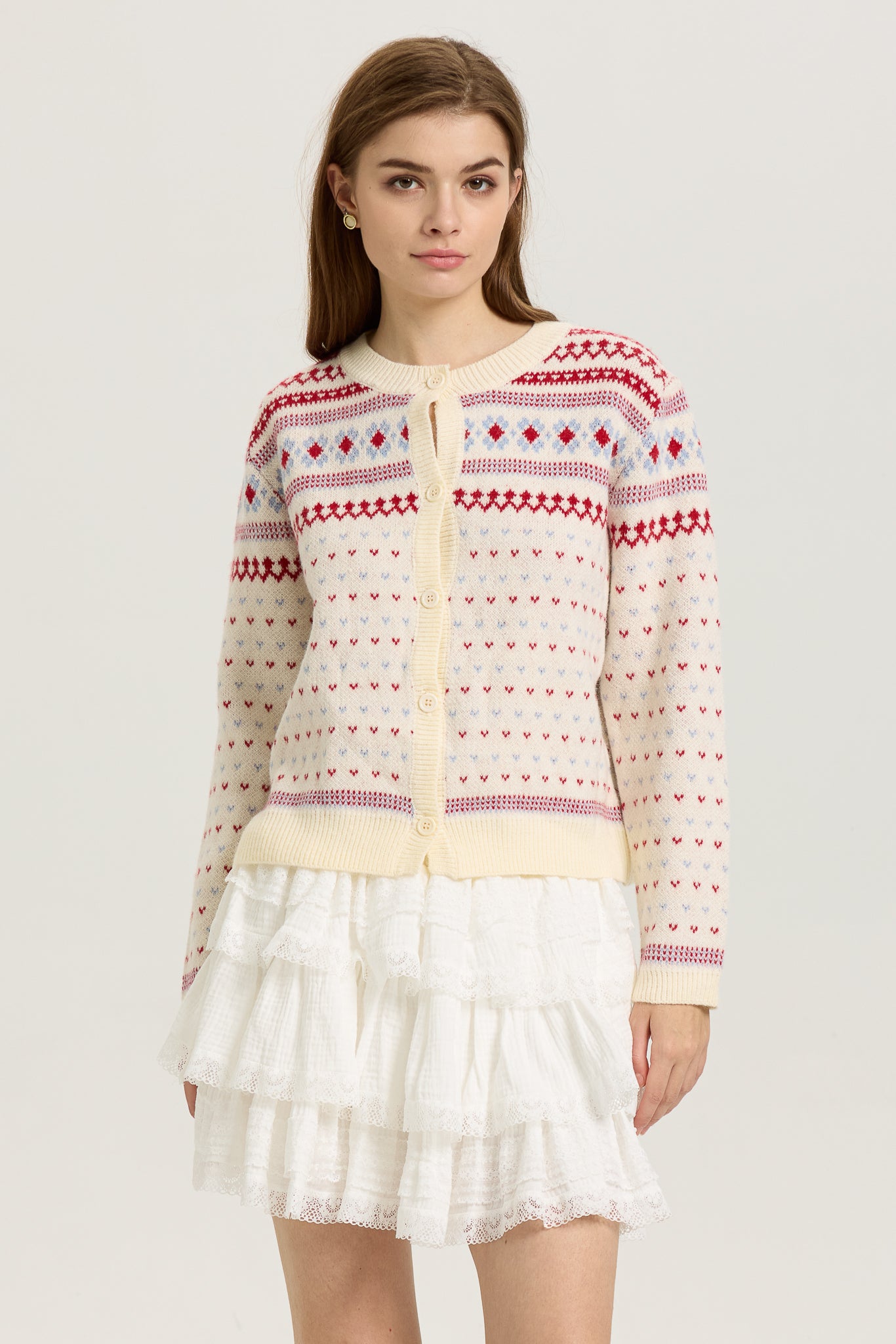 RP2627 - Fair Isle Knit Cardigan with Red and Blue Accents (2S-2M-2L)