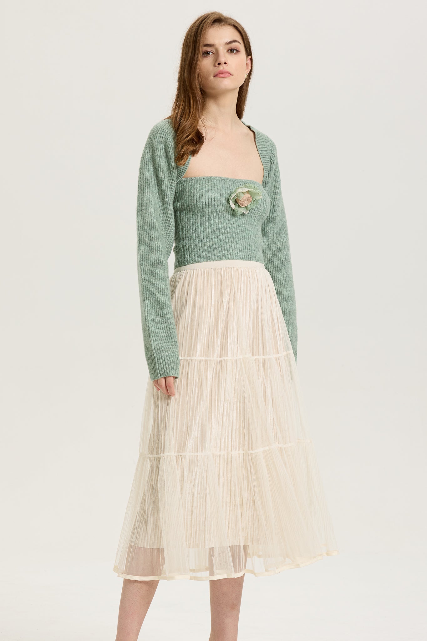 RP2604 - Ivory Layered Mesh Pleated Midi Skirt (2S-2M-2L)