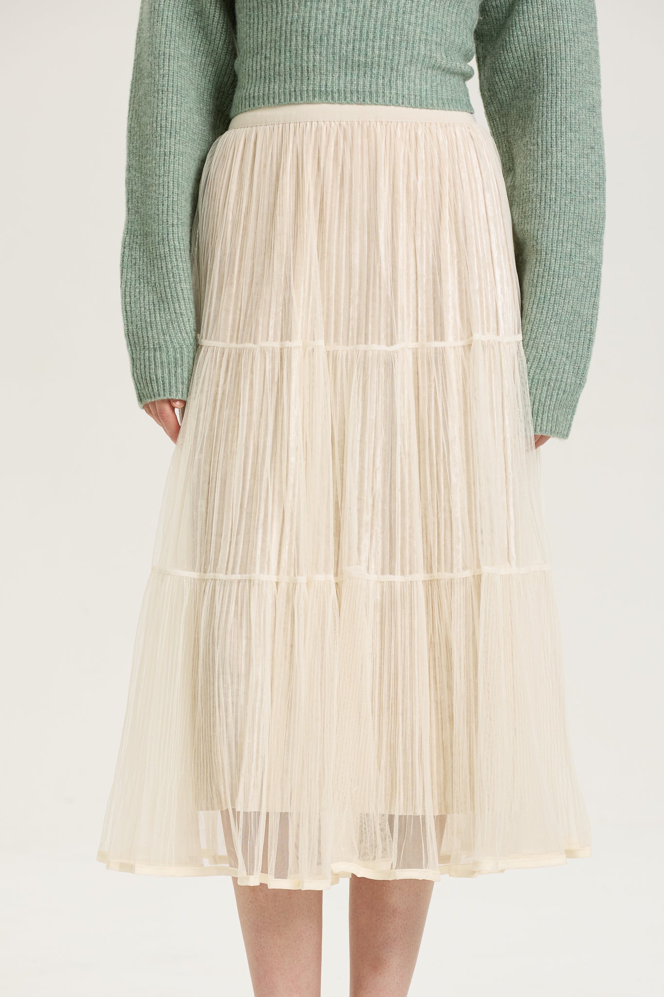 RP2604 - Ivory Layered Mesh Pleated Midi Skirt (2S-2M-2L)