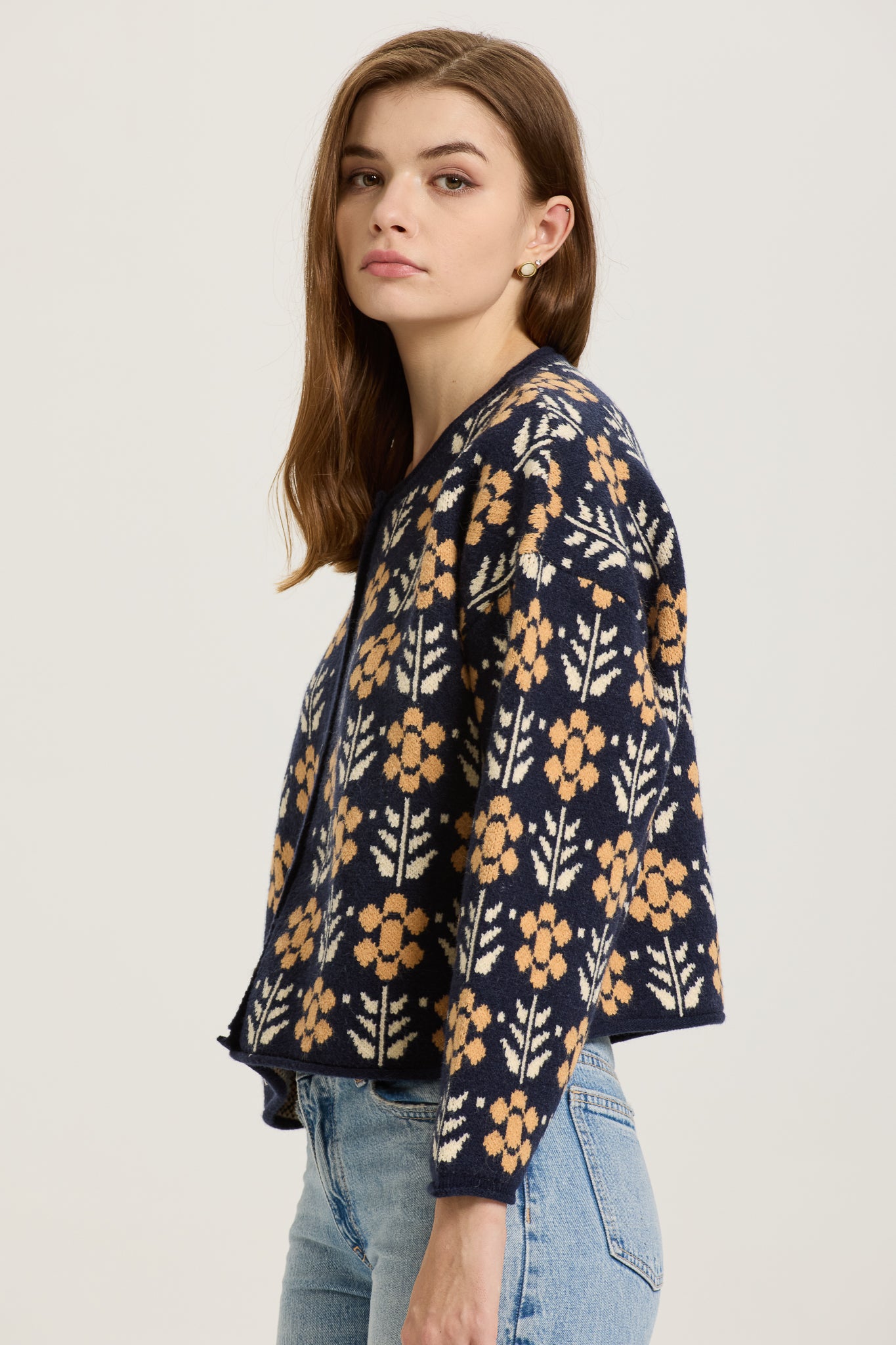 RP2593 - Navy and Mustard Floral Knit Cardigan (2S-2M-2L)