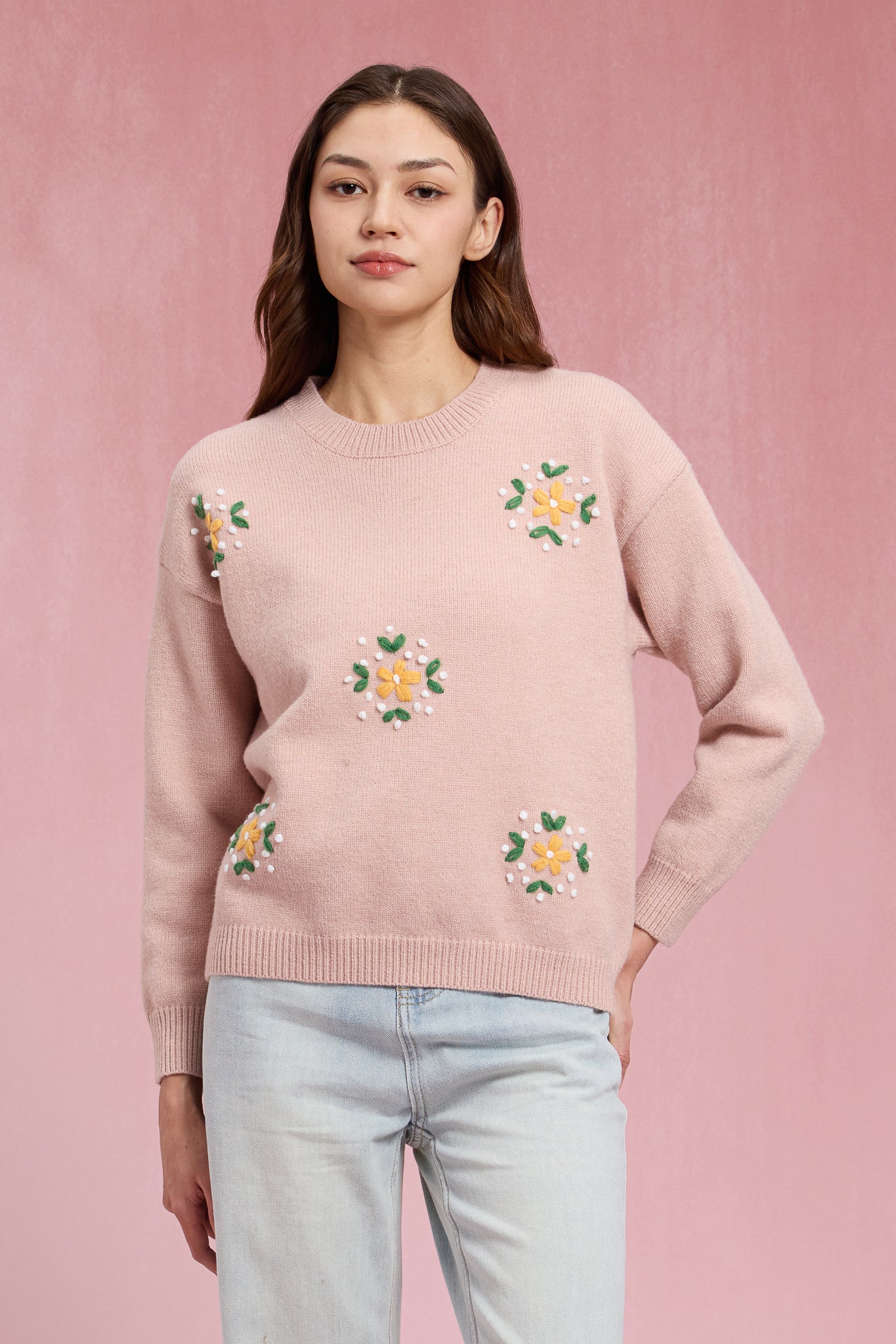 RP2428 - Light Pink Sweater with Embroidered Flowers (2S-2M-2L)