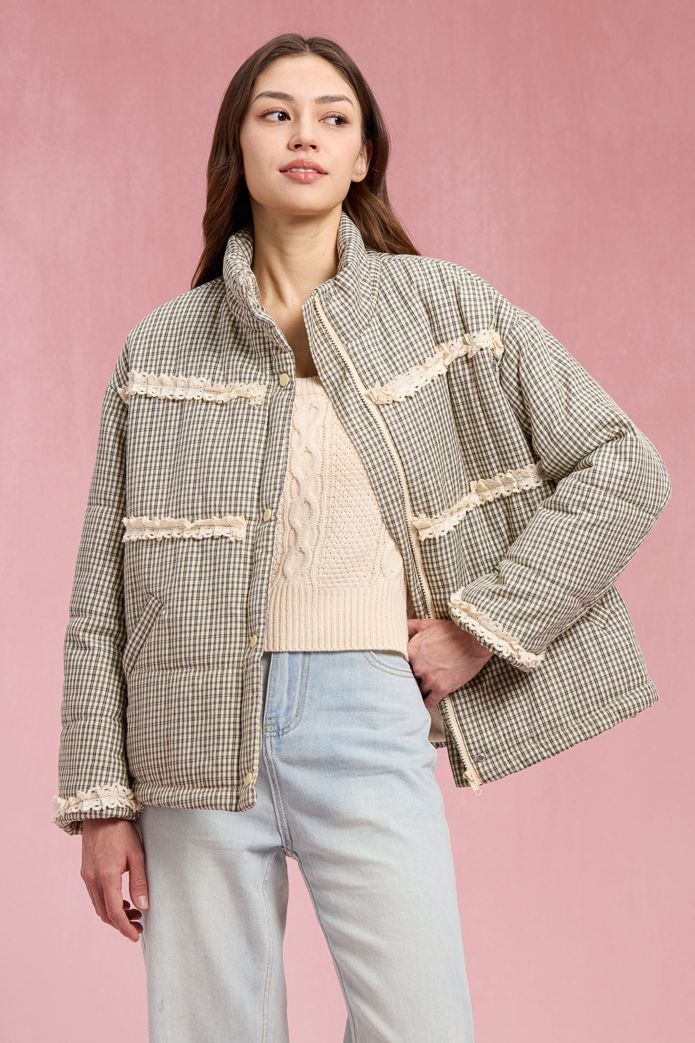 RP2905 - Gingham Lace Puffer Jacket (2S-2M-2L)