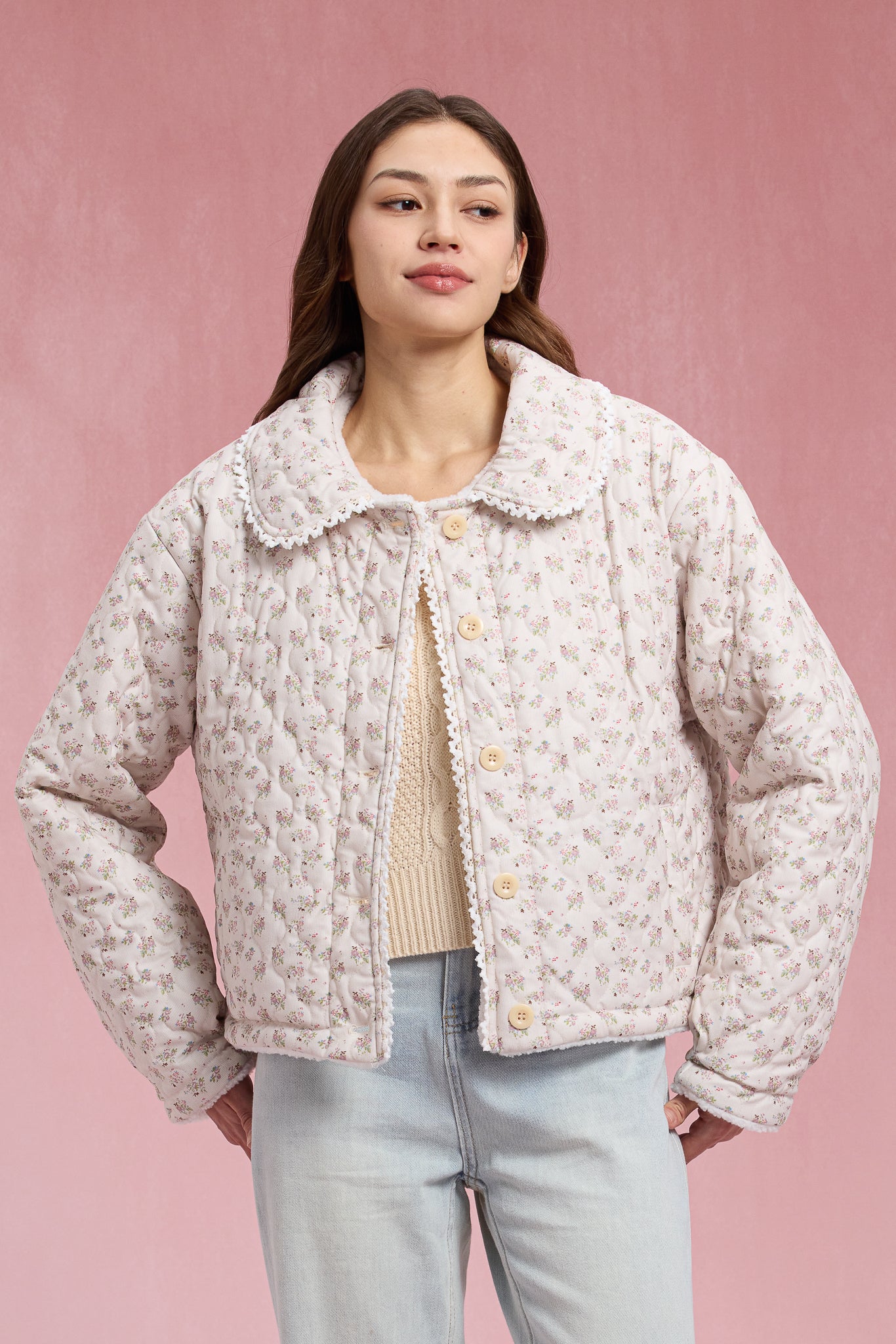 RP2903 - Sherpa-Lined Floral Puffer with Lace Trim (2S-2M-2L)