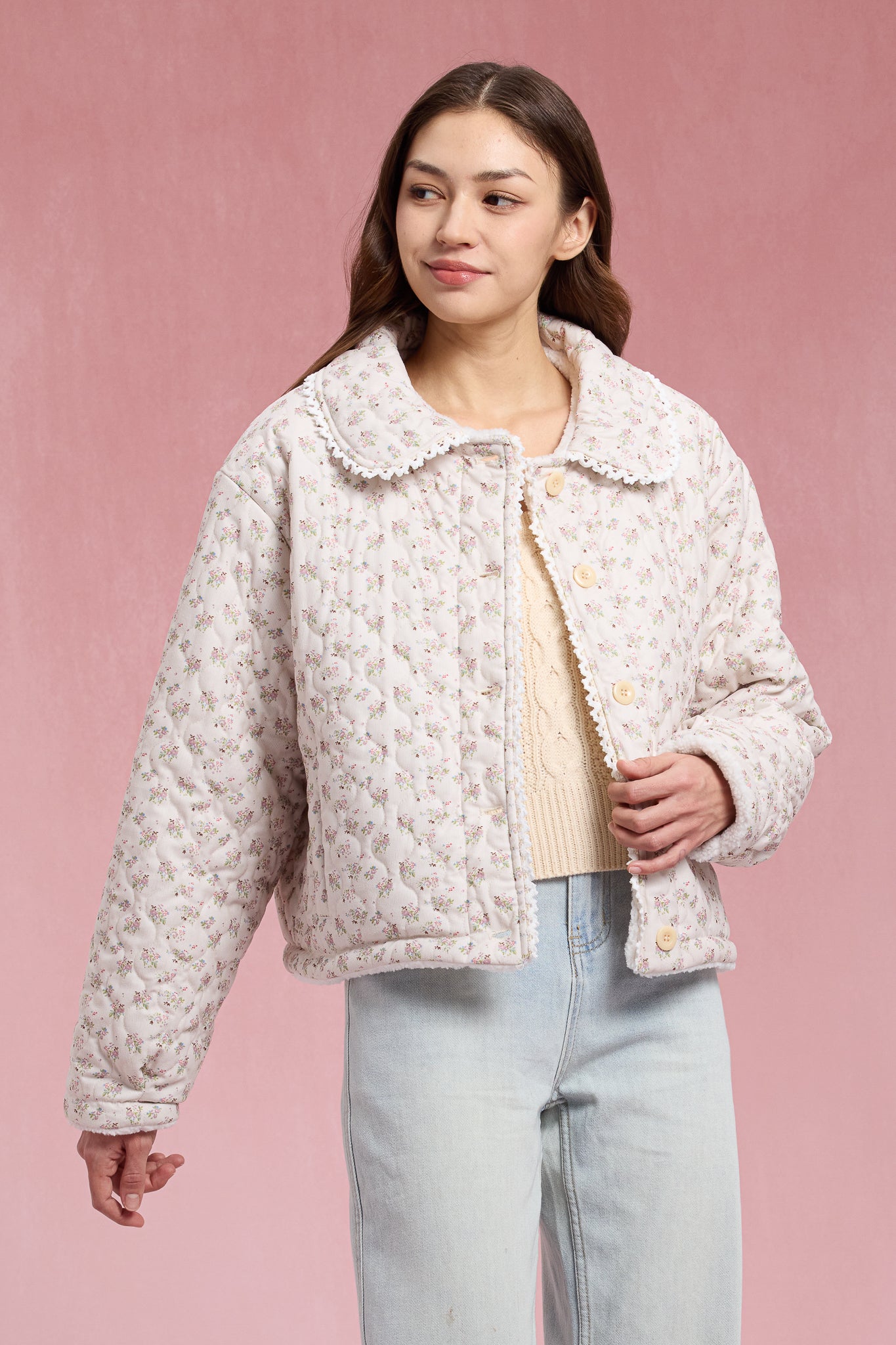 RP2903 - Sherpa-Lined Floral Puffer with Lace Trim (2S-2M-2L)