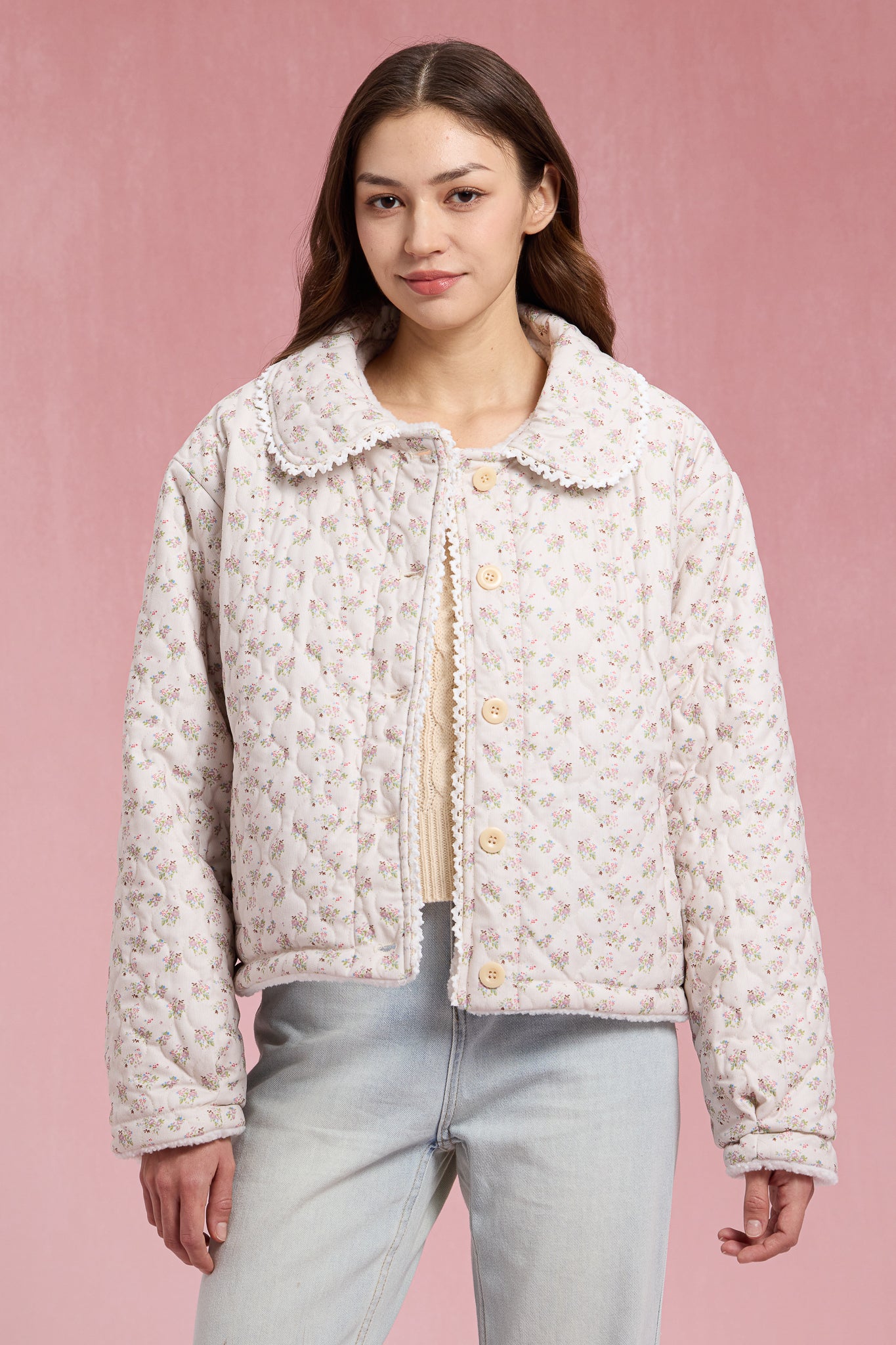 RP2903 - Sherpa-Lined Floral Puffer with Lace Trim (2S-2M-2L)