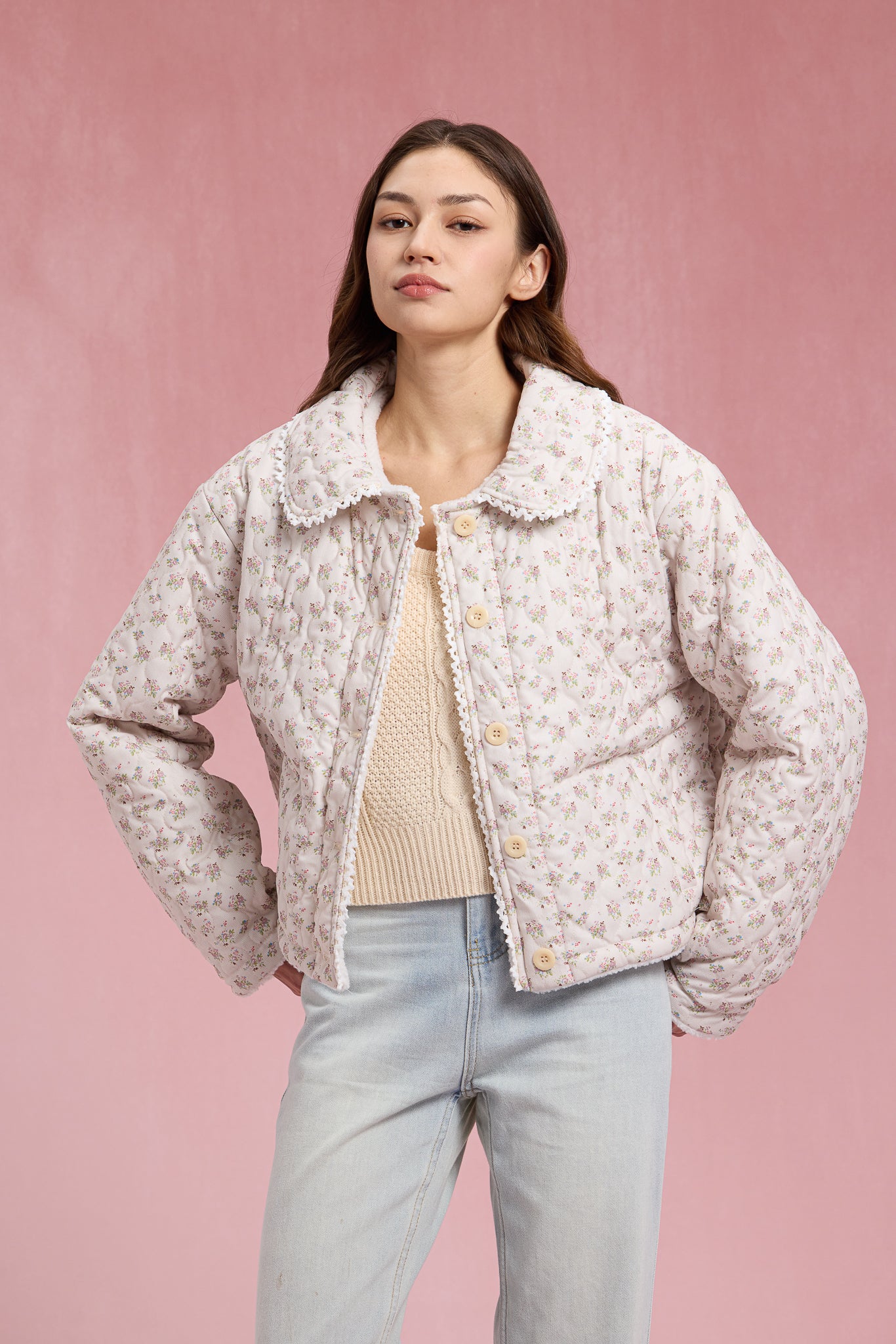 RP2903 - Sherpa-Lined Floral Puffer with Lace Trim (2S-2M-2L)