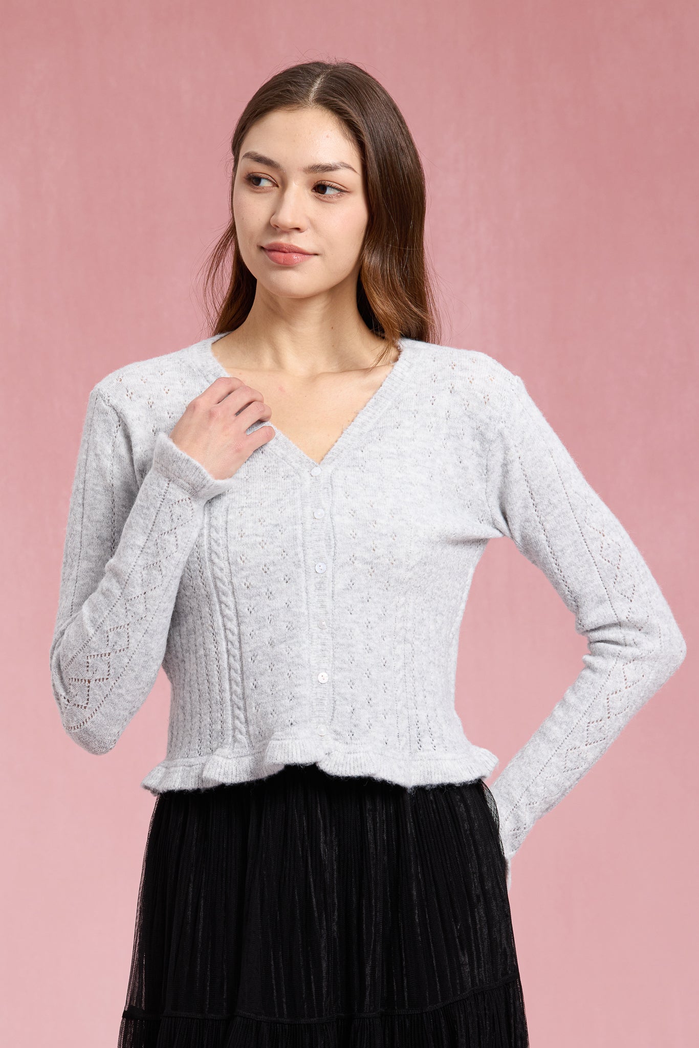 RP2937 - Heather Gray Ruffle Pointelle Knit Top (2S-2M-2L)