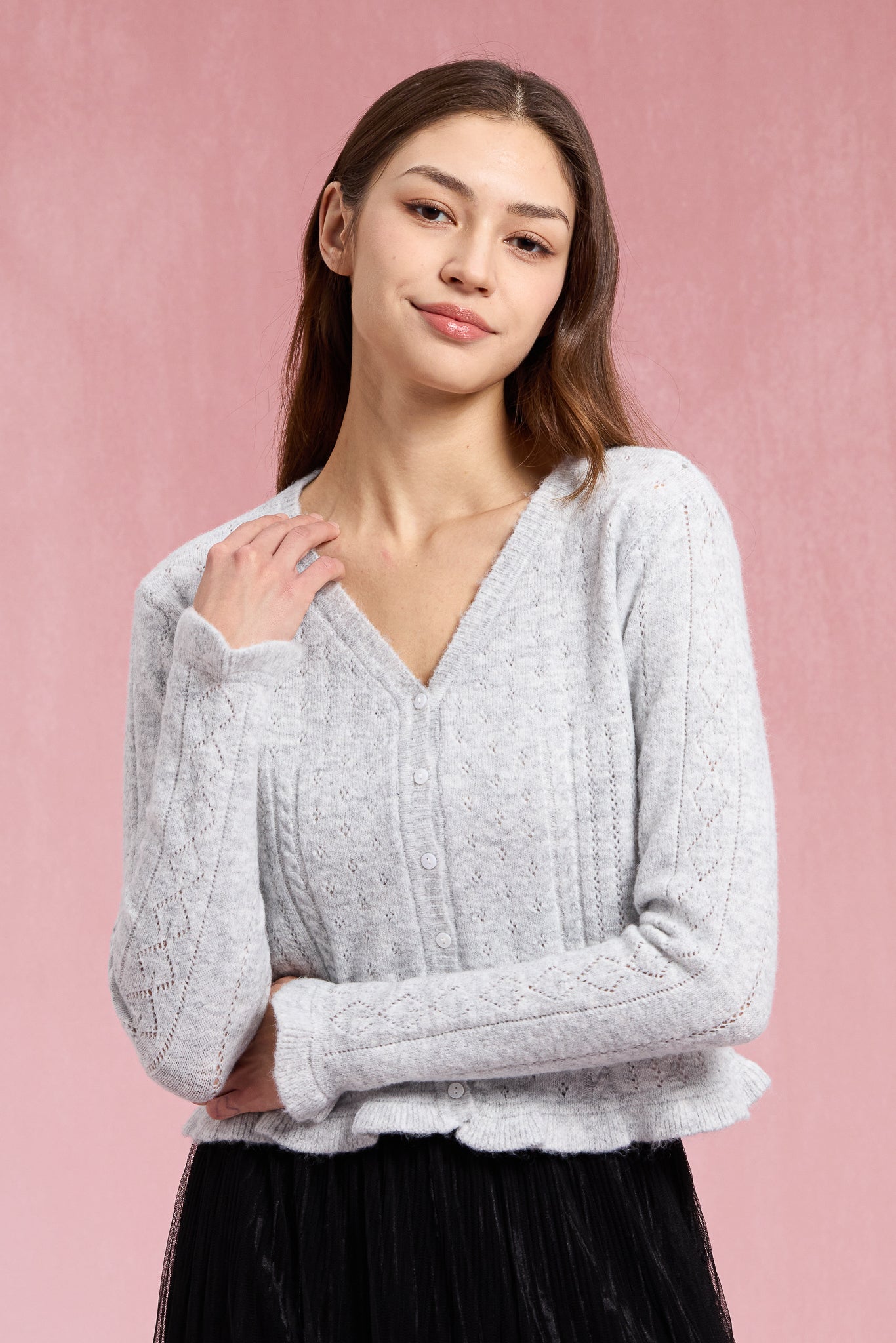 RP2937 - Heather Gray Ruffle Pointelle Knit Top (2S-2M-2L)