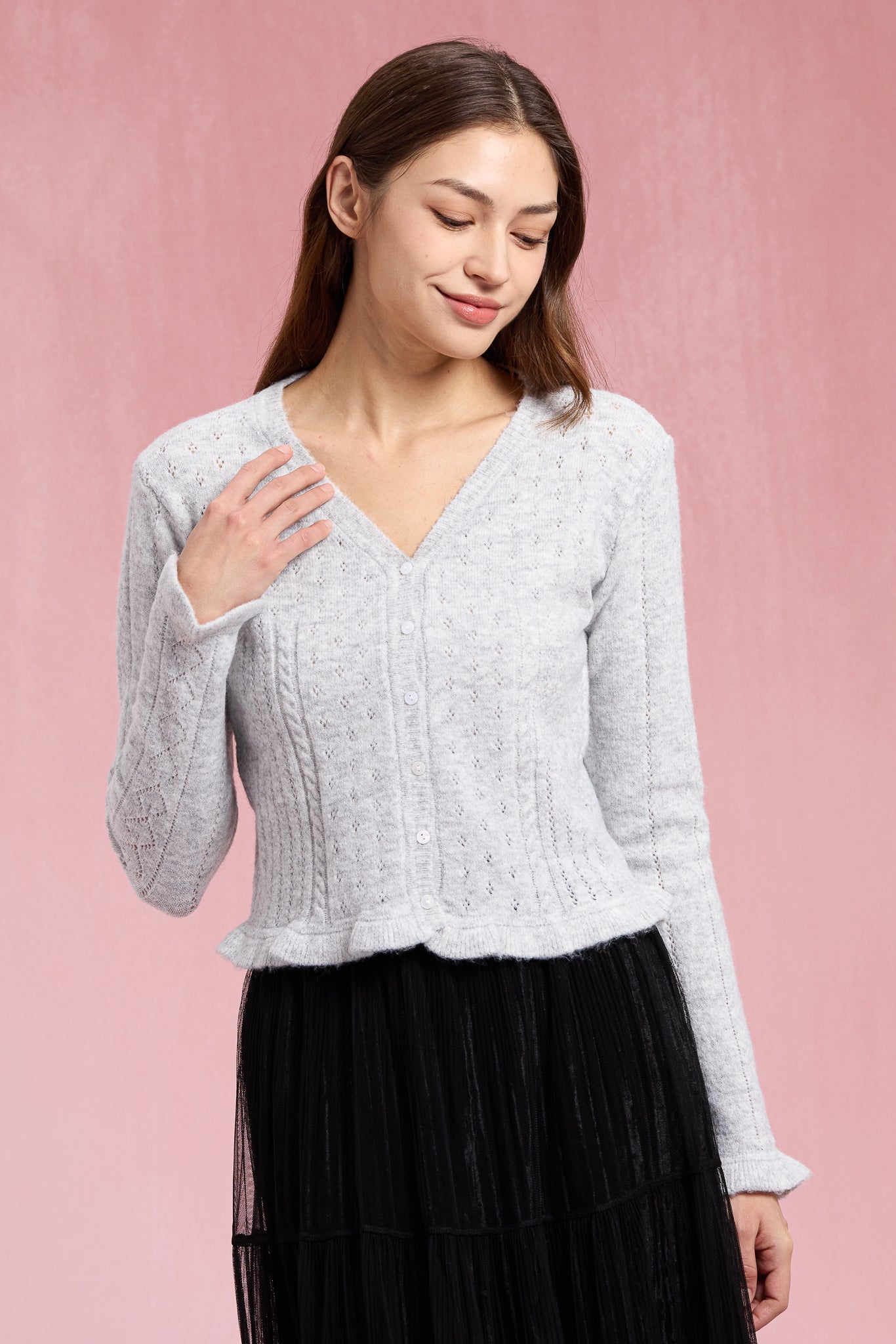 RP2937 - Heather Gray Ruffle Pointelle Knit Top (2S-2M-2L)