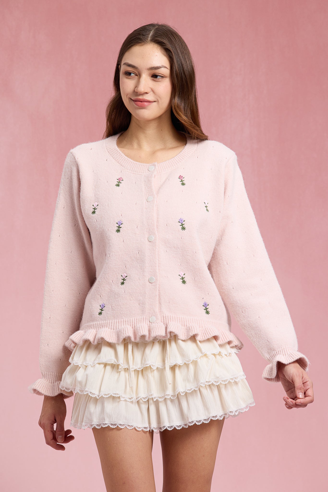 RP3069 - Pink Floral Embroidered Ruffle Cardigan (2S-2M-2L)