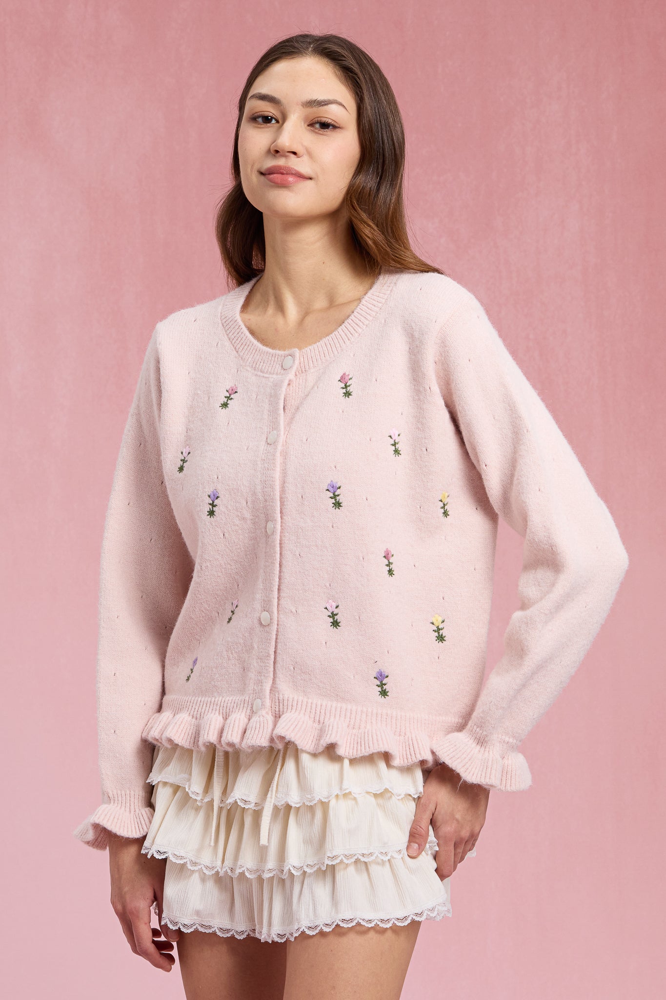 RP3069 - Pink Floral Embroidered Ruffle Cardigan (2S-2M-2L)
