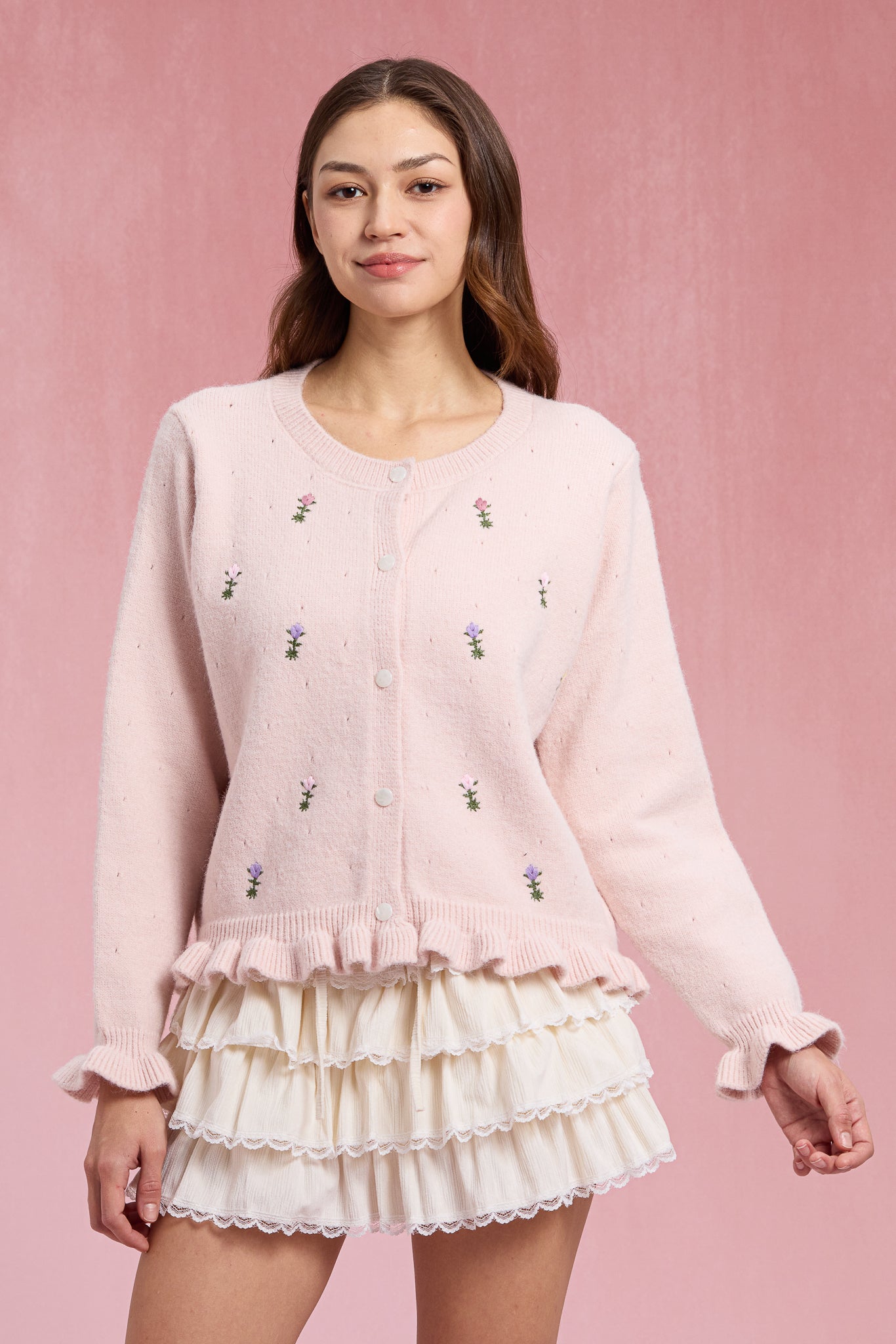 RP3069 - Pink Floral Embroidered Ruffle Cardigan (2S-2M-2L)
