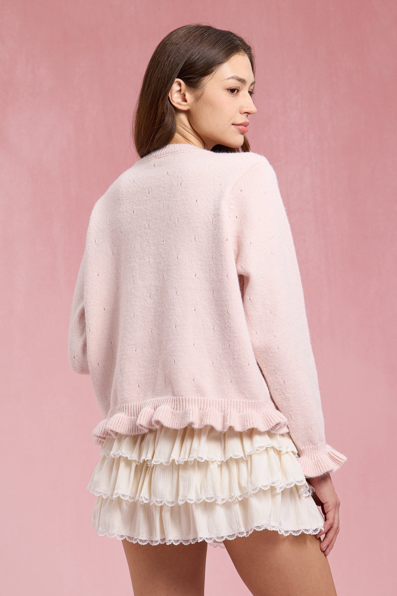 RP3069 - Pink Floral Embroidered Ruffle Cardigan (2S-2M-2L)