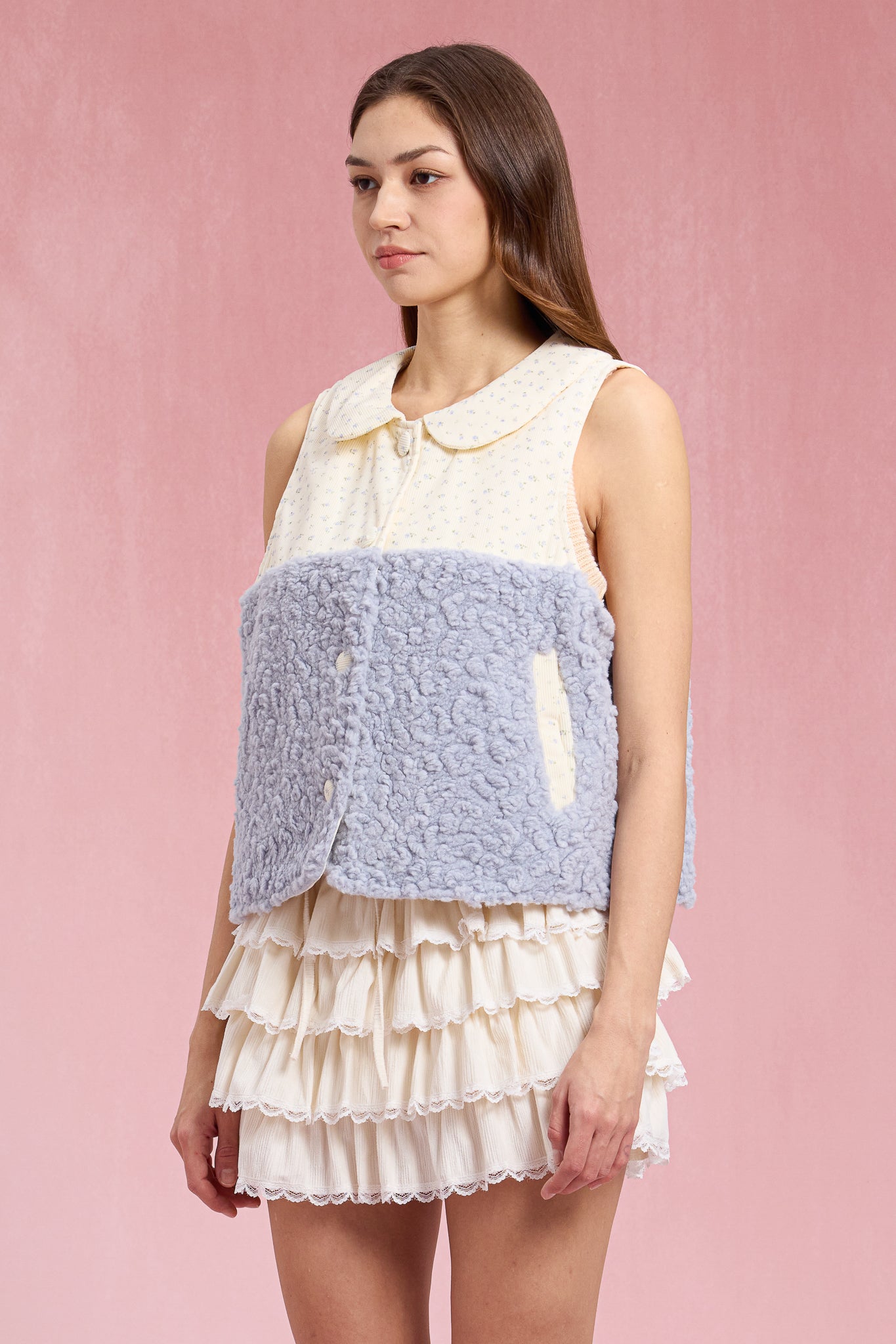 RP3042 - Blue Sherpa Floral Contrast Vest (2S-2M-2L)