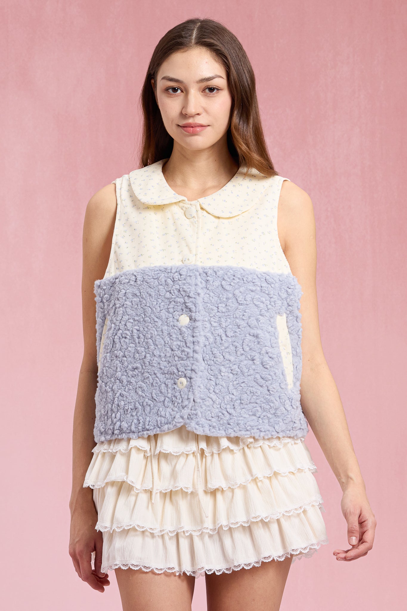 RP3042 - Blue Sherpa Floral Contrast Vest (2S-2M-2L)