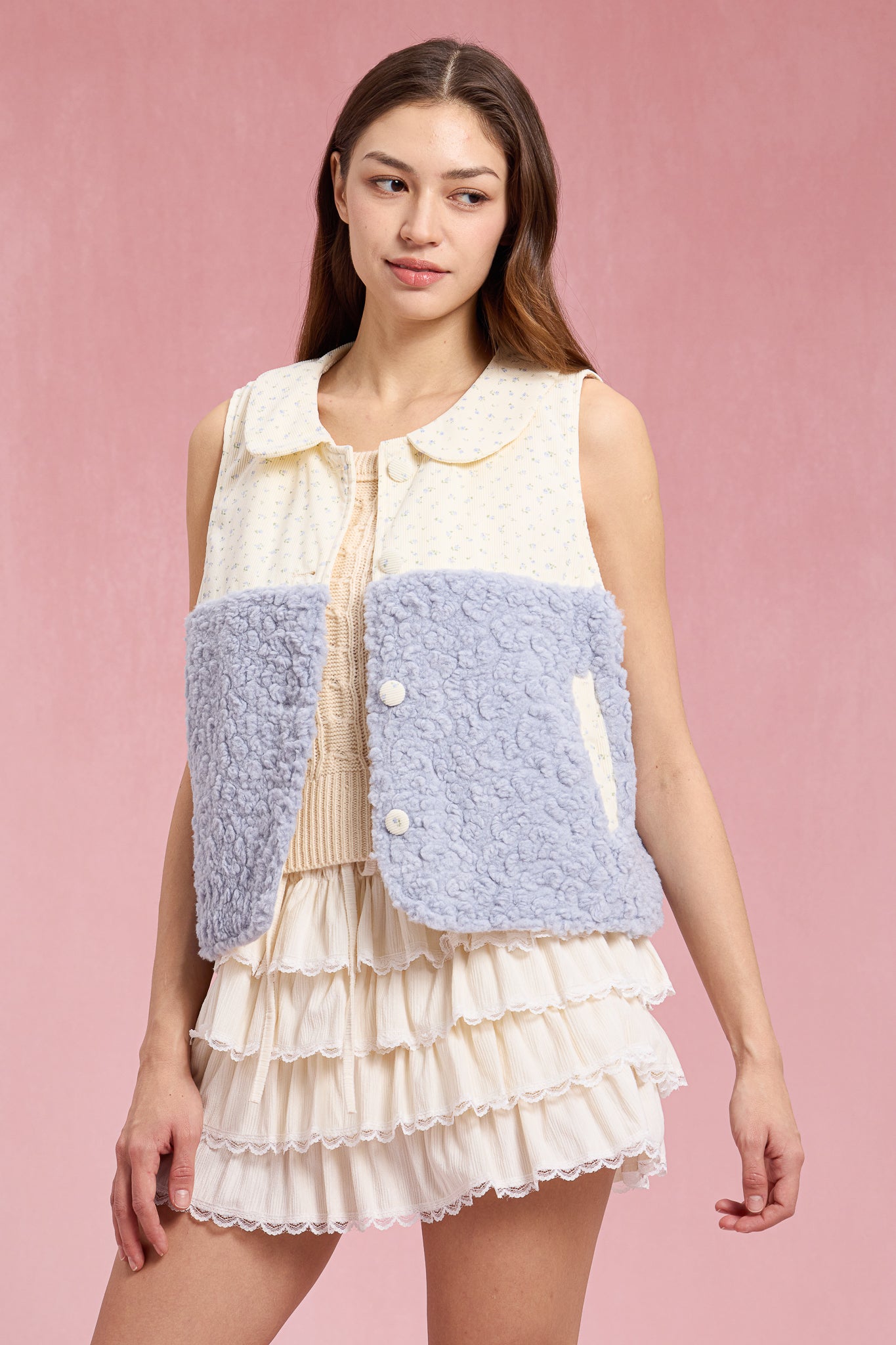 RP3042 - Blue Sherpa Floral Contrast Vest (2S-2M-2L)