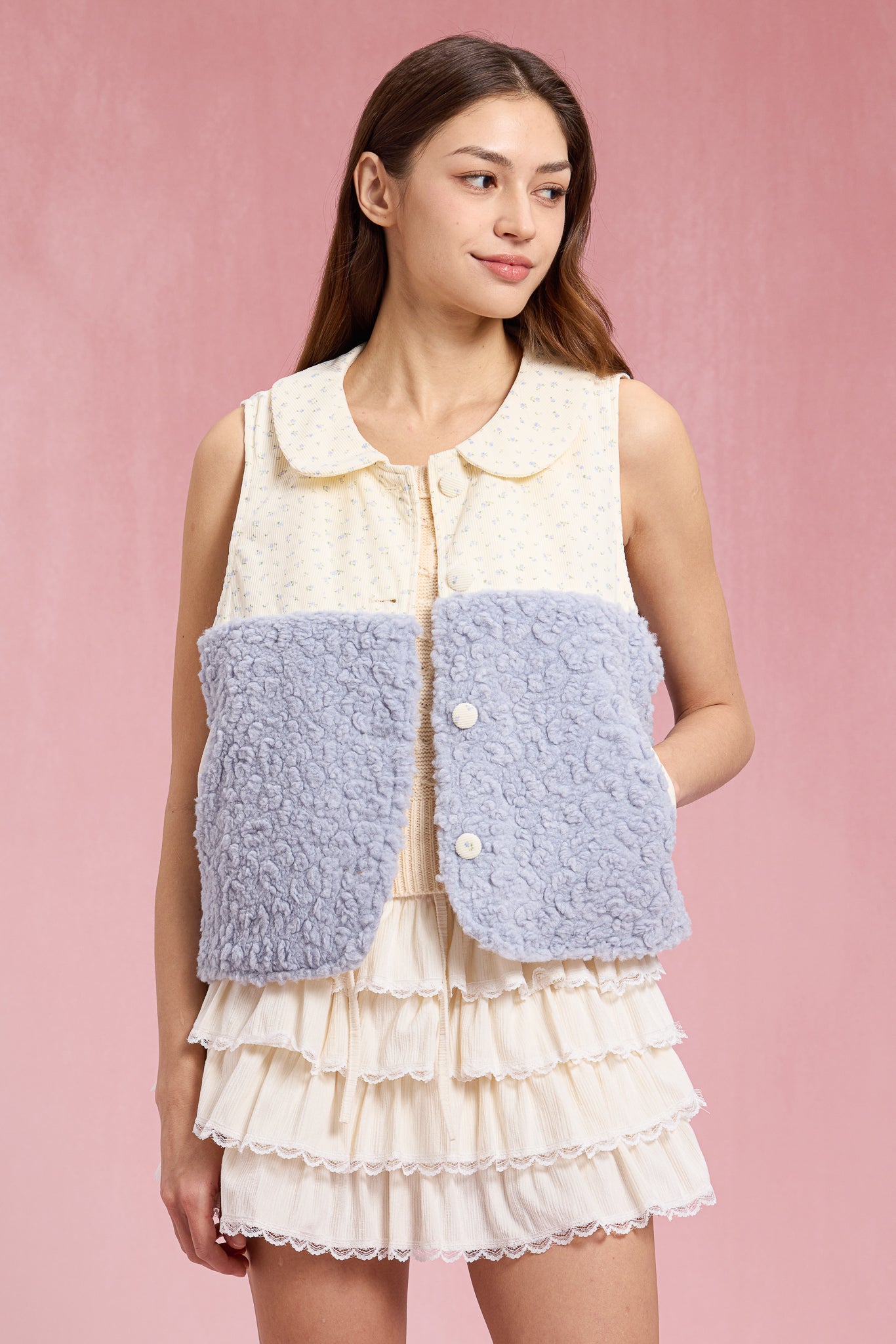 RP3042 - Blue Sherpa Floral Contrast Vest (2S-2M-2L)