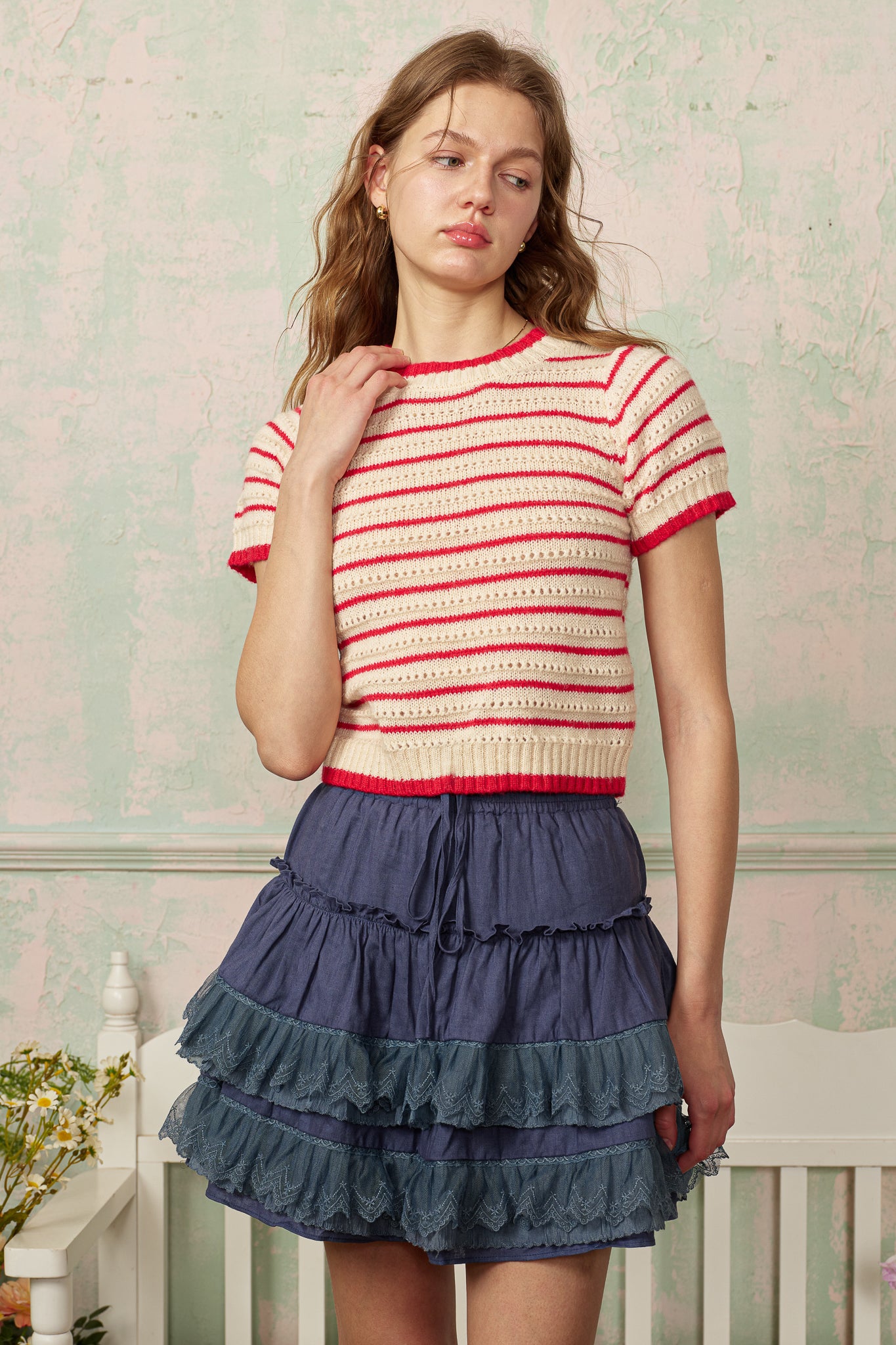 RP2800 - Red and Ivory Striped Knit Top (2S-2M-2L)