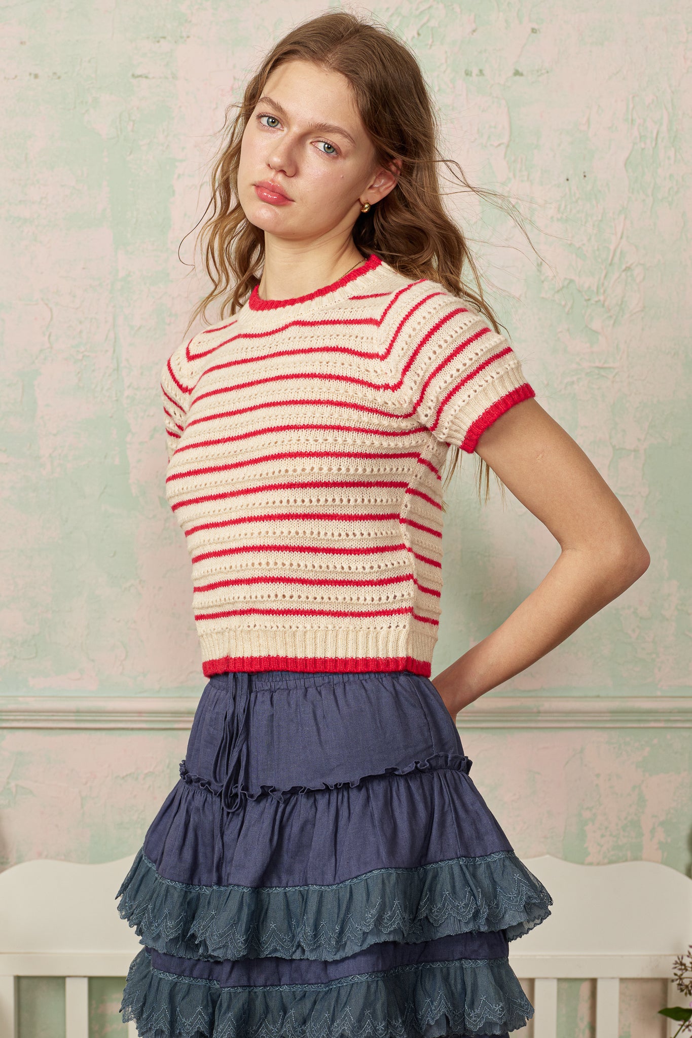 RP2800 - Red and Ivory Striped Knit Top (2S-2M-2L)