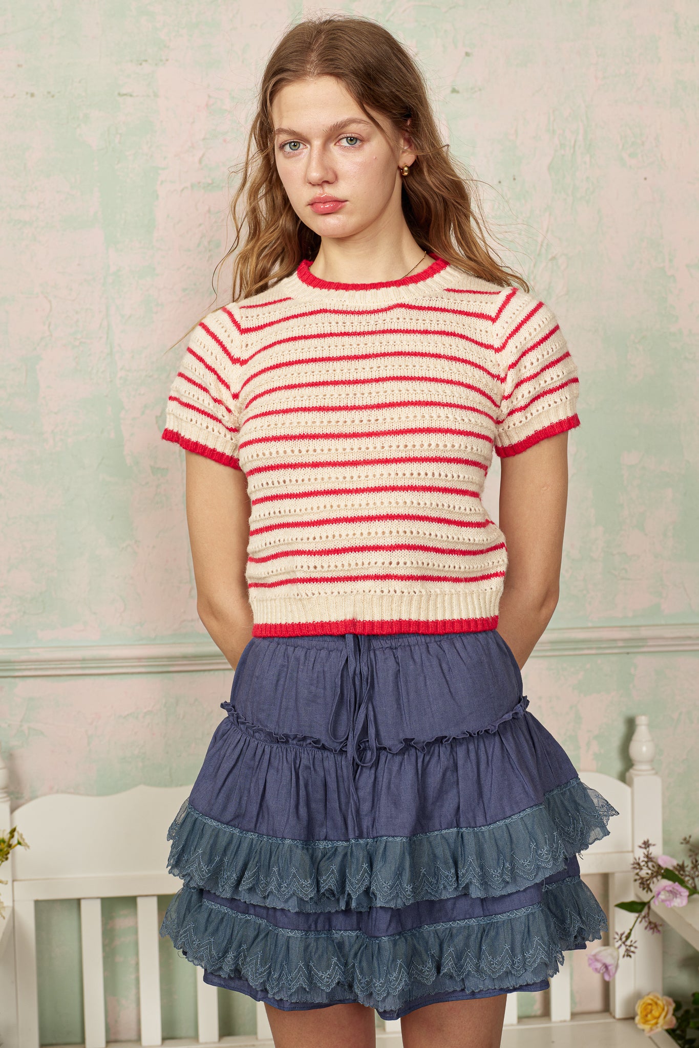 RP2800 - Red and Ivory Striped Knit Top (2S-2M-2L)