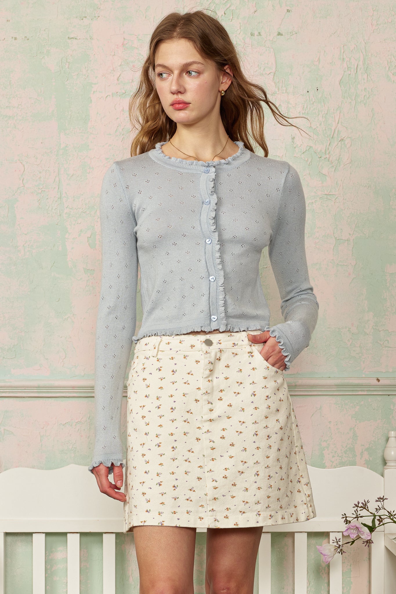 RP2844 - Cream Ditsy Floral Mini Skirt (2S-2M-2L)